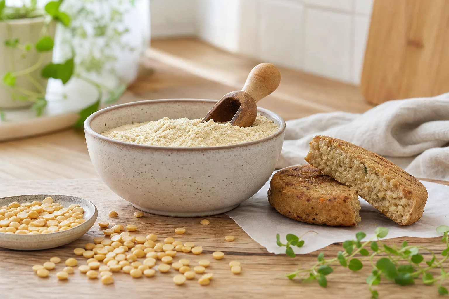 Ärtproteinspulver och gula ärtor bredvid en växtbaserad biff