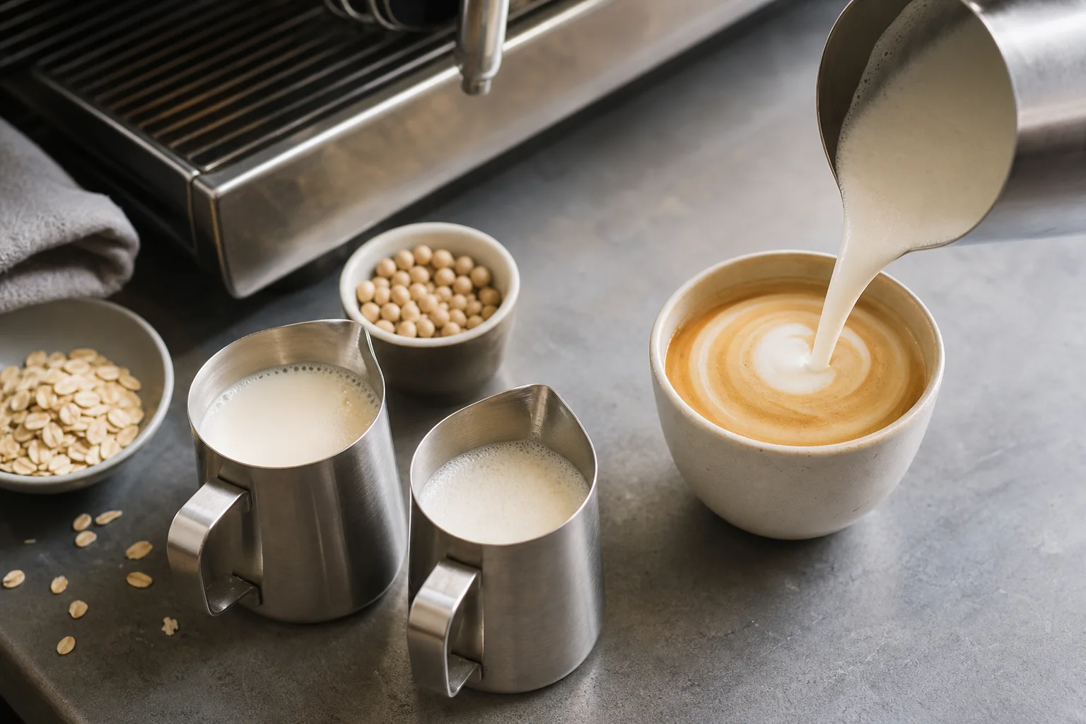 Växtdryck skummas till espresso med omärkta stålkannor