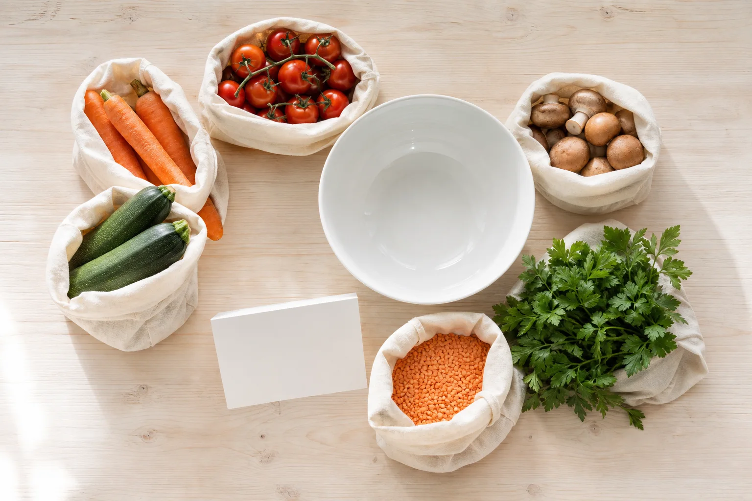 Grönsaker, linser och örter runt en skål för vegetarisk receptkasse