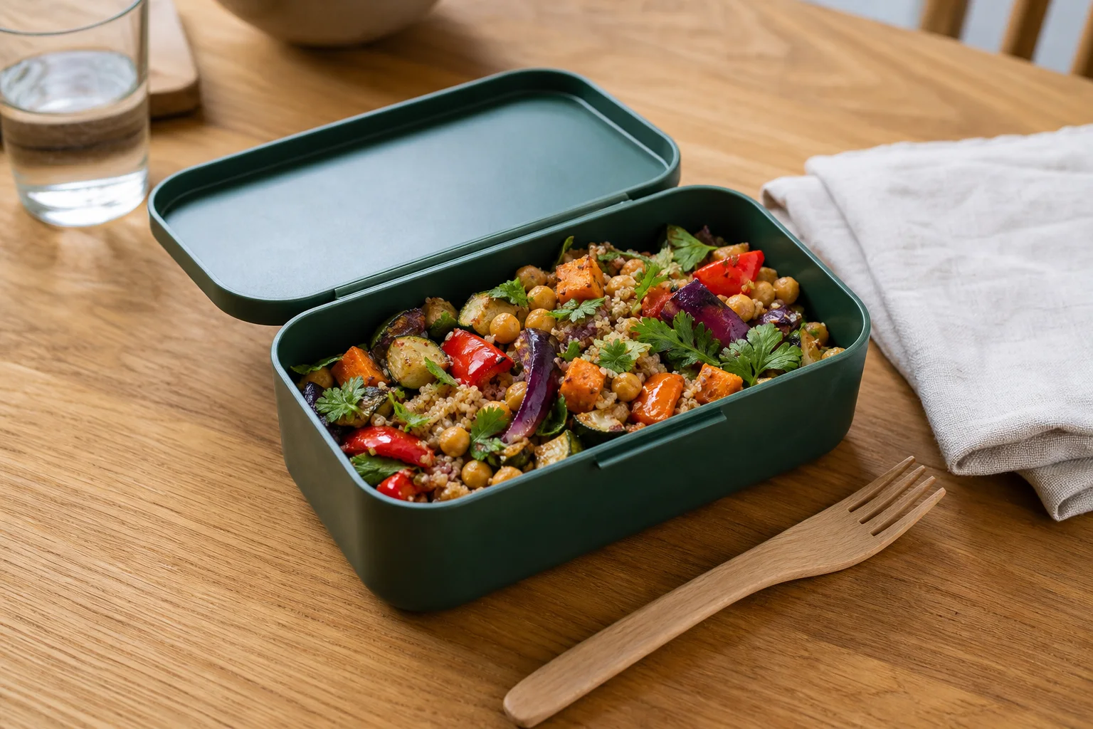 Färdiglagad vegetarisk matlåda med rostade grönsaker, kikärter och quinoa