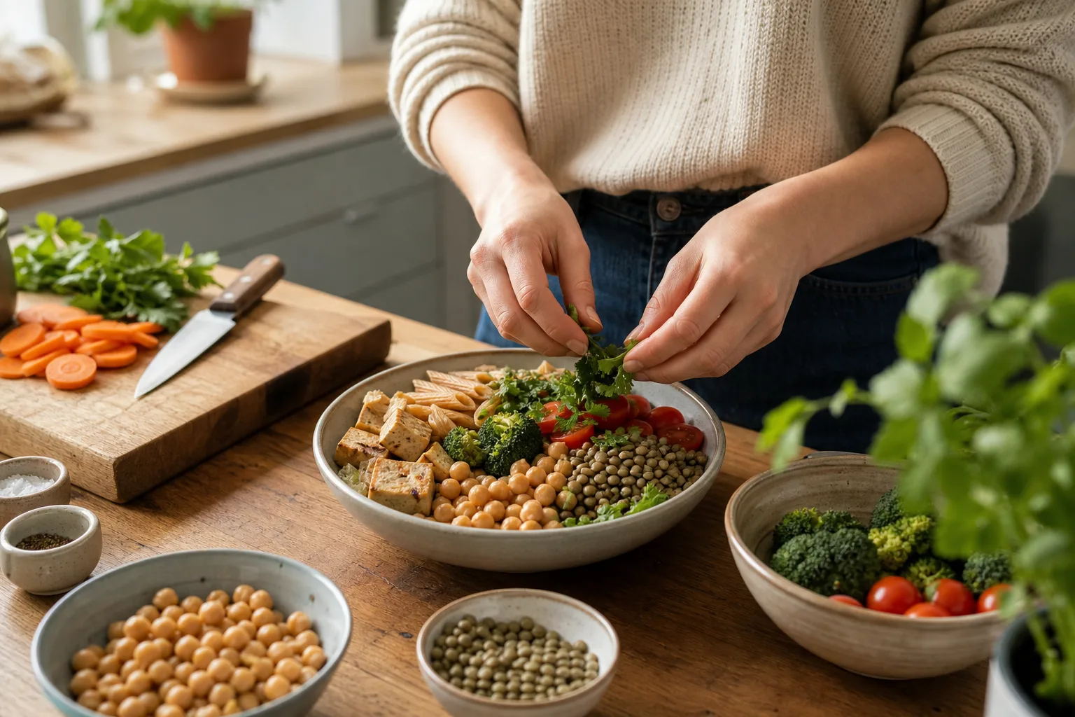 Person som lagar en enkel vegetarisk måltid med tofu, kikärter, linser och grönsaker i köket