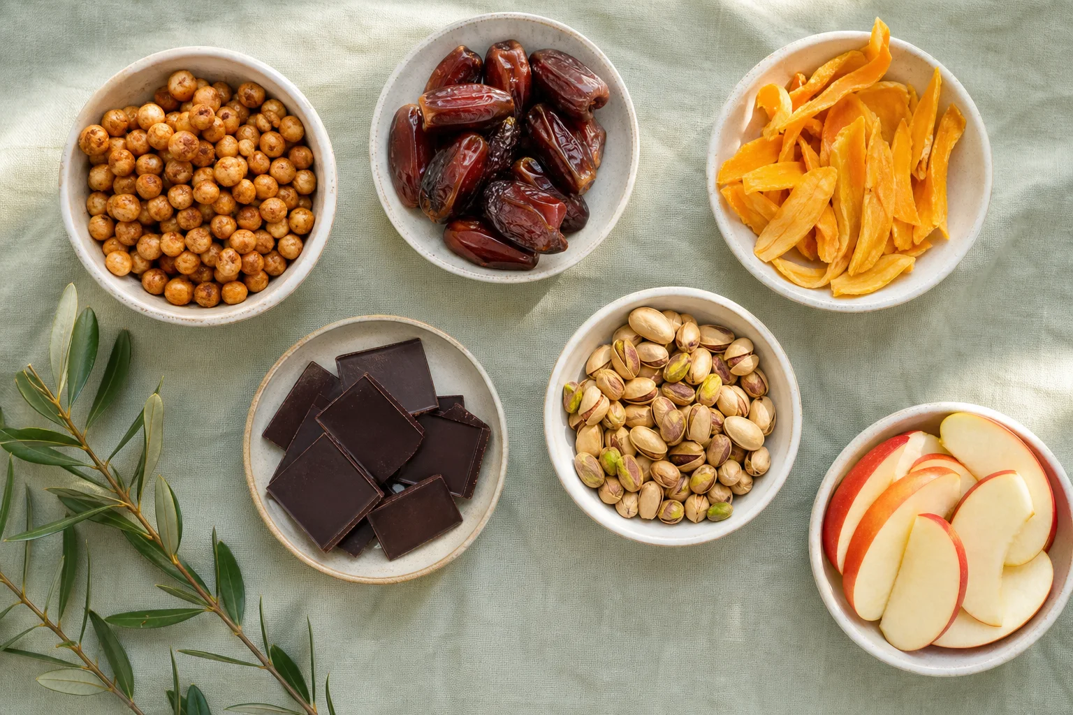Veganska snacks i små skålar med dadlar, rostade kikärter, mango, mörk choklad, pistaschnötter och äpple