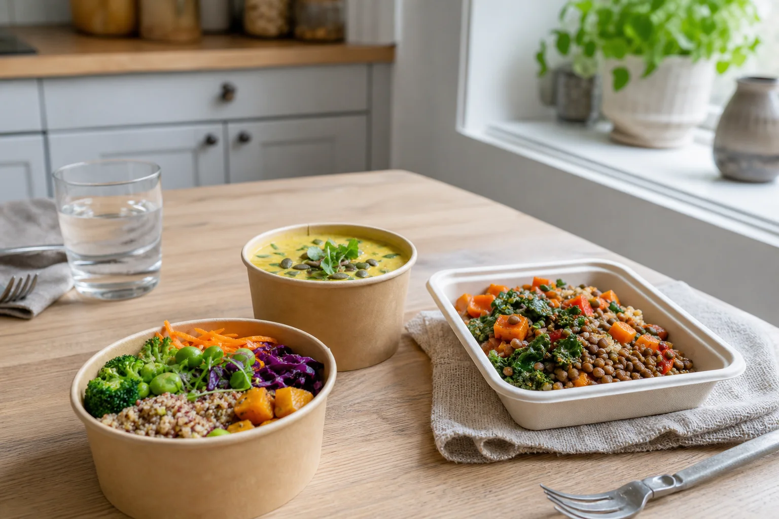 Färdiglagad växtbaserad bowl, soppa och matlåda med grönsaker och linser