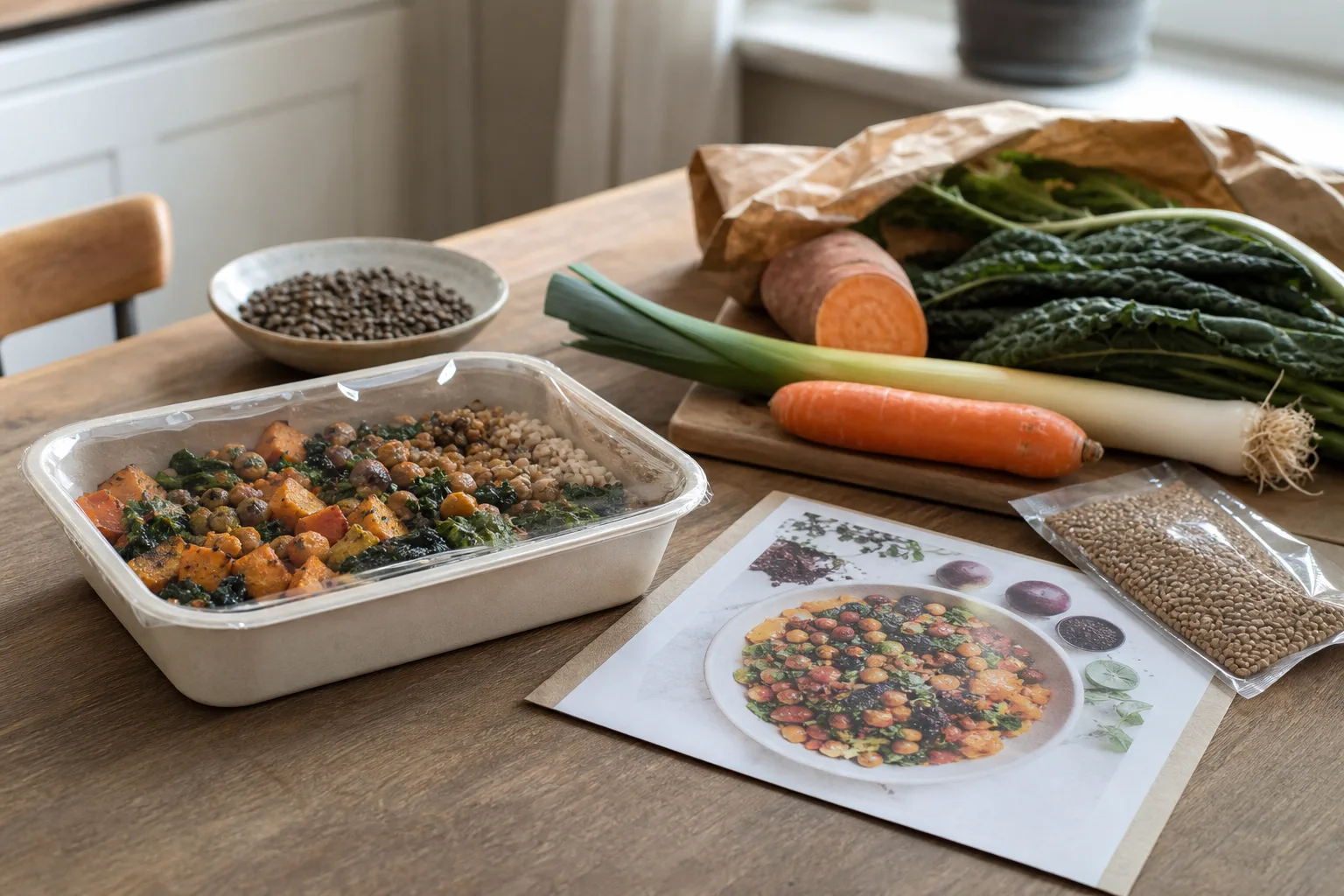 Färdiglagad växtbaserad matlåda bredvid råvaror och receptkort på ett köksbord