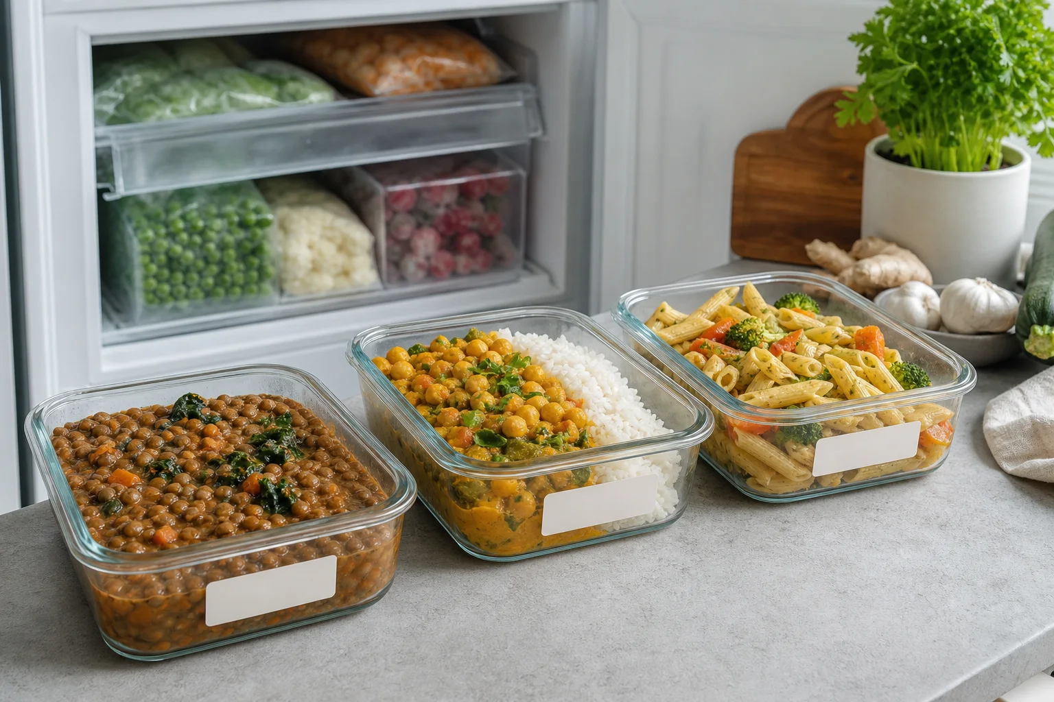 Veganska matportioner i märkta fryslådor redo att frysas in