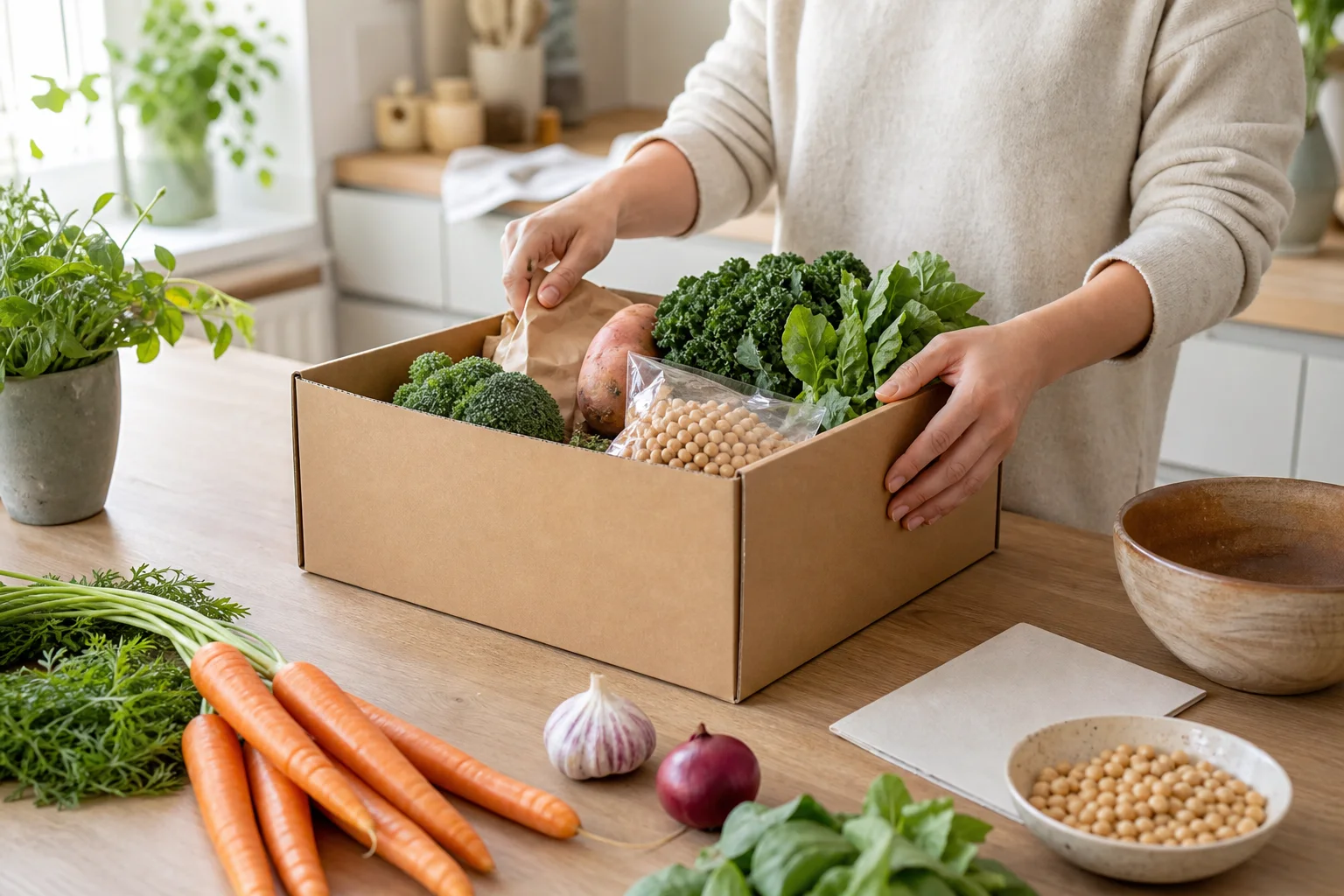 Vegetarisk receptkasse med grönsaker och baljväxter på ett köksbord
