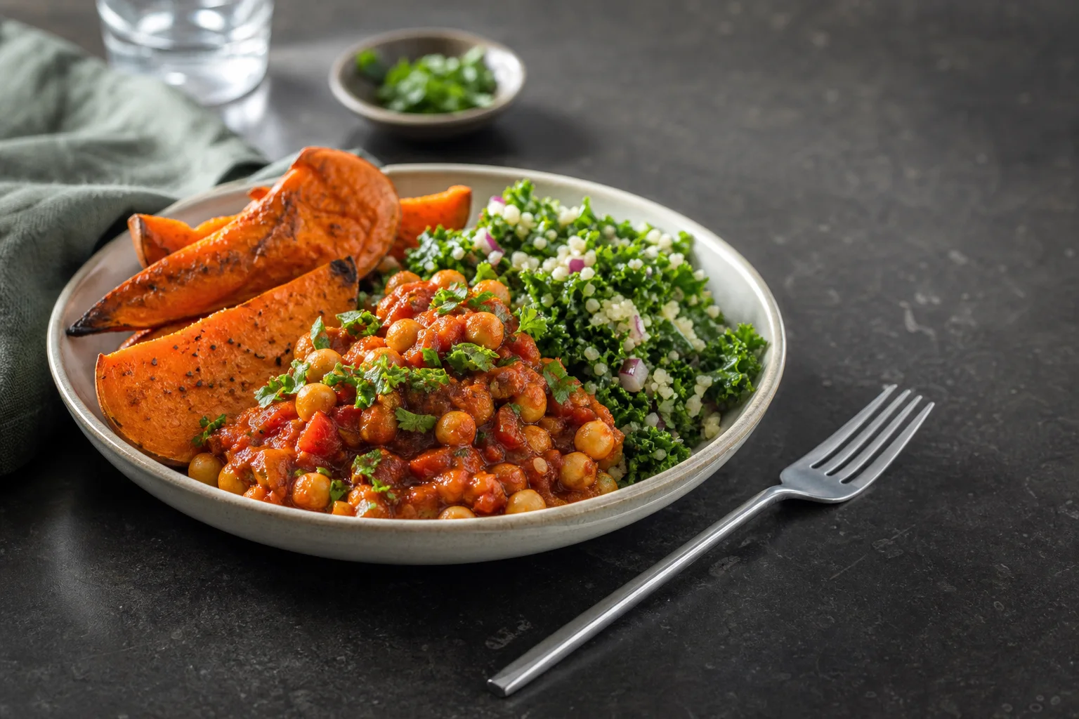 Vegetarisk måltid med kikärtsgryta, grönkål, bulgur och rostad sötpotatis