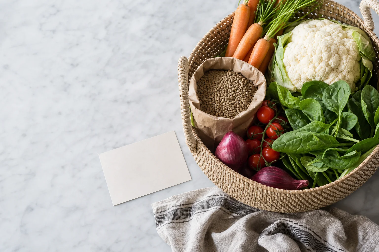 Omärkt korg med grönsaker och linser för en vegetarisk receptkasse