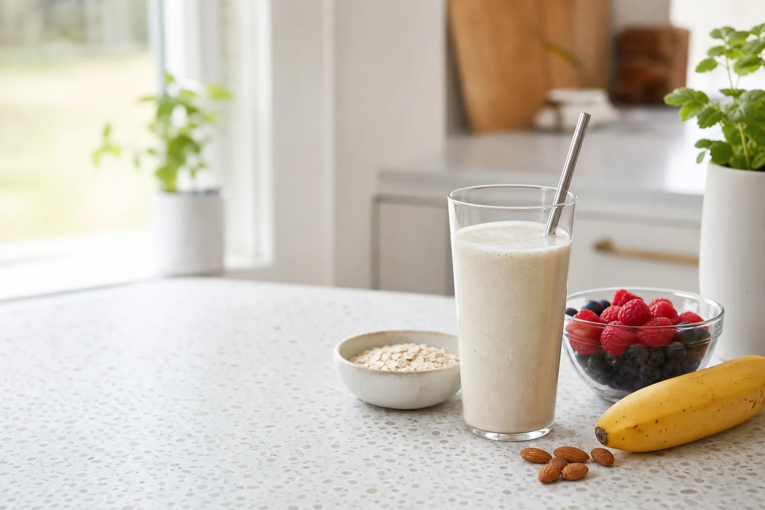Krämig växtbaserad shake med havre, bär, banan och mandlar på köksbänk