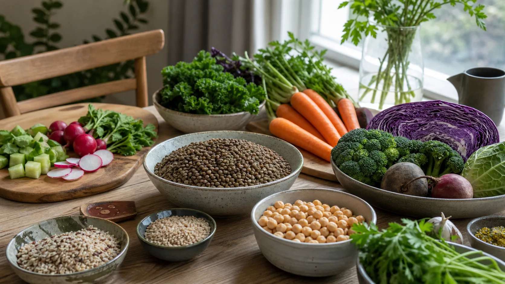 Linser, kikärter, fullkorn och grönsaker för växtbaserad matlagning på ett köksbord