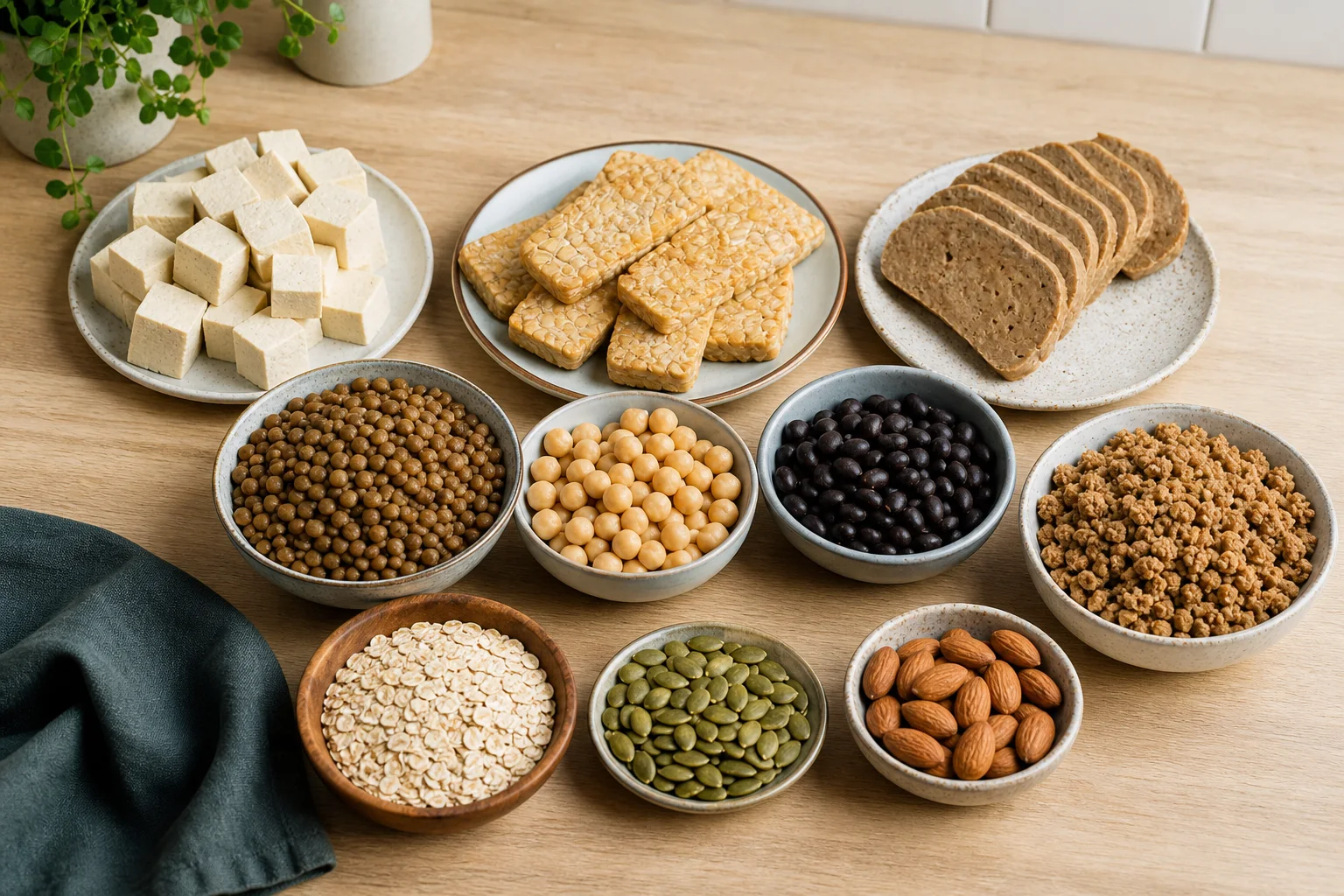 Olika proteinrika veganska livsmedel grupperade efter råvara