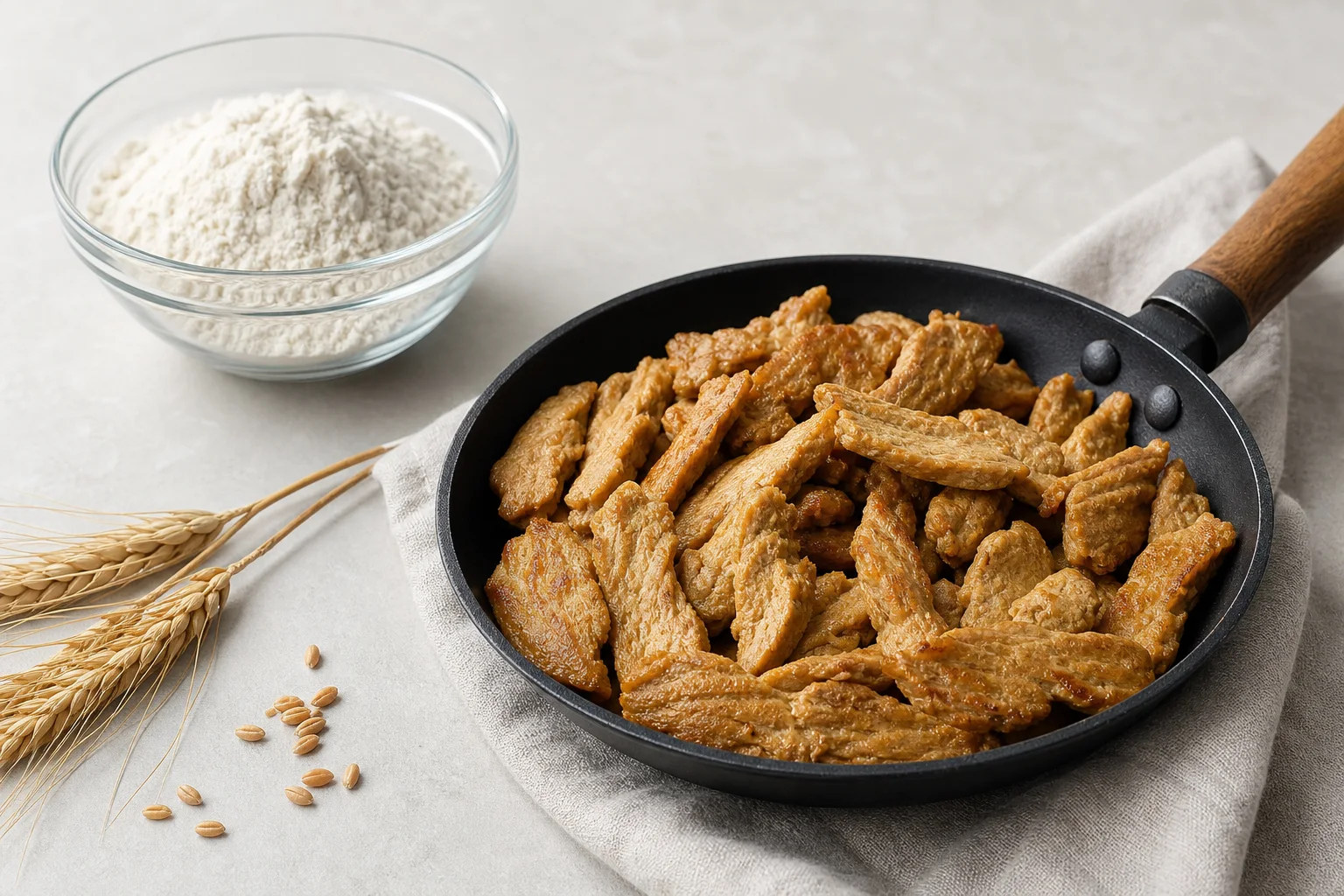 Stekta seitanstrimlor i panna bredvid vetemjöl och veteax