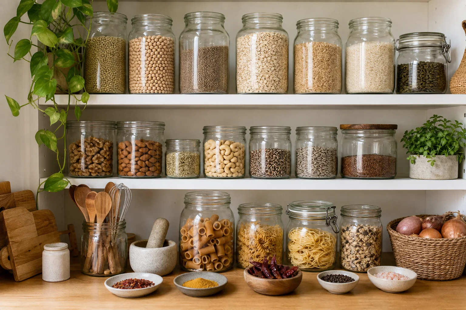 Öppet veganskt skafferi med burkar av baljväxter, havre, ris, nötter och frön