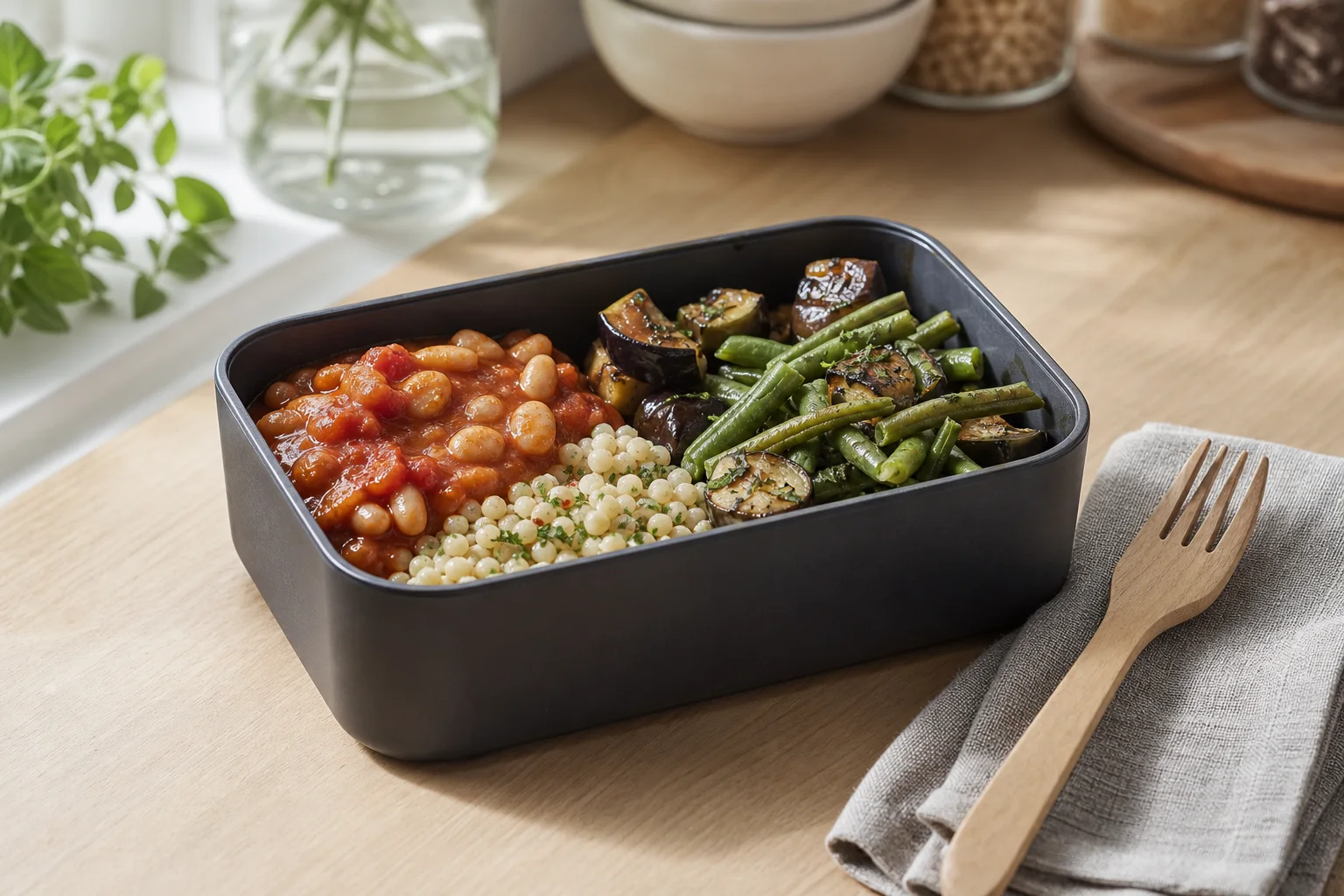 Färdiglagad vegetarisk matlåda med vita bönor, couscous, aubergine och gröna bönor