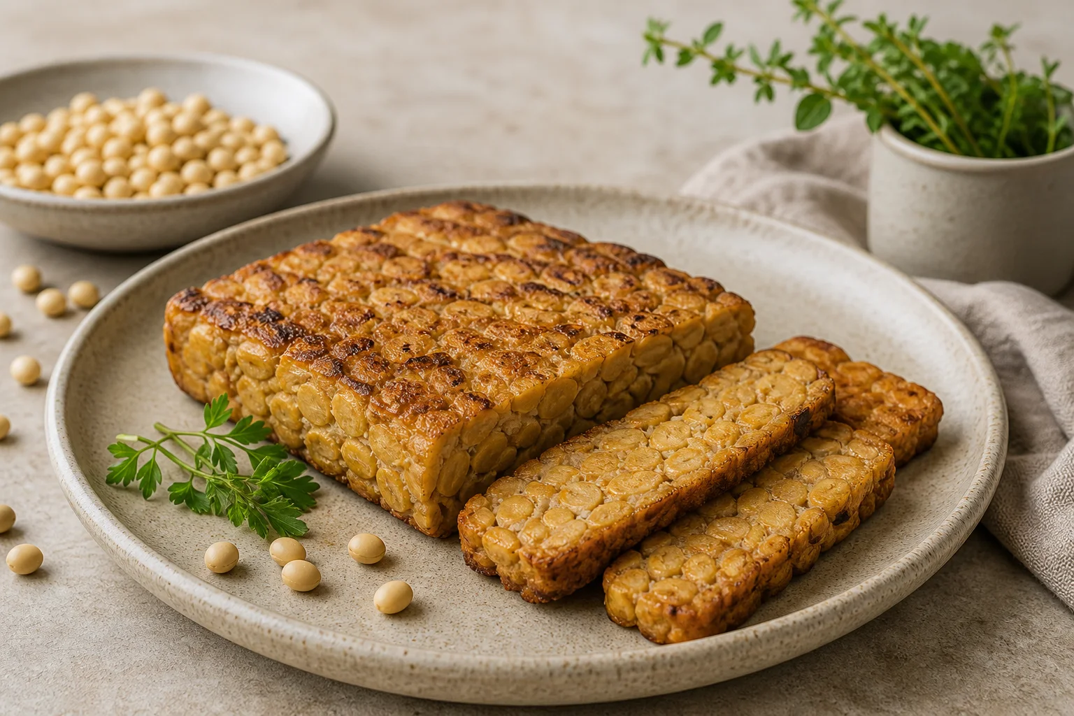 Stekt tempeh med synliga sojabönor på tallrik
