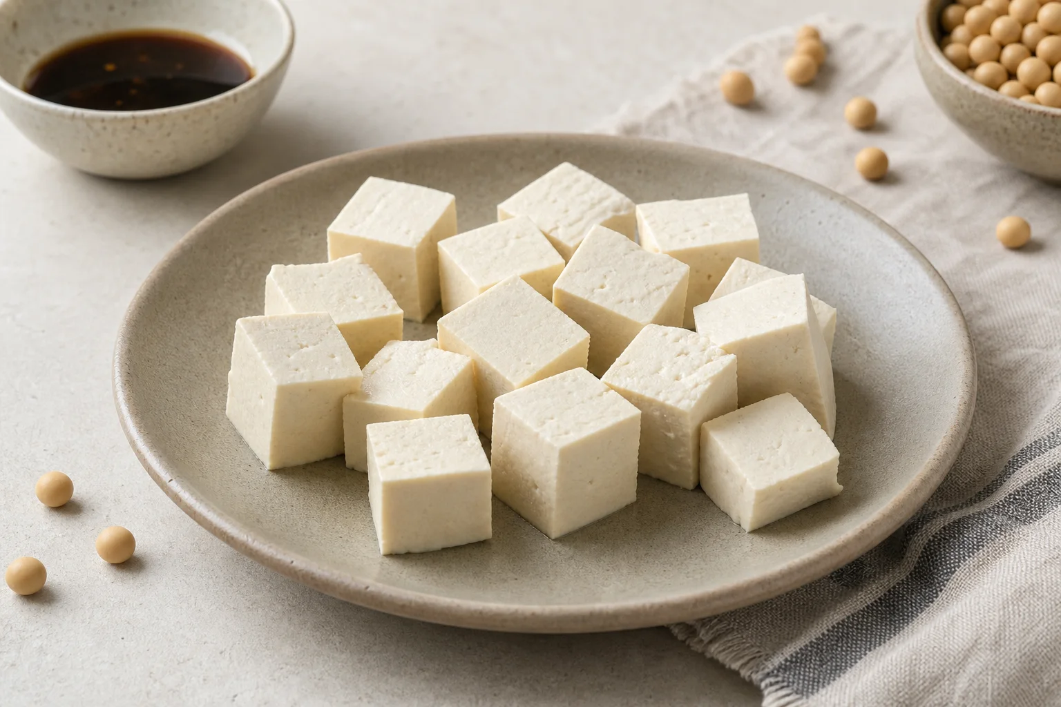 Tärnad naturell tofu på tallrik med sojabönor och marinad