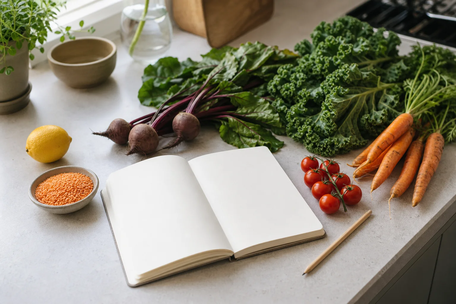 Öppen anteckningsbok för vegetarisk måltidsplanering med grönsaker och linser