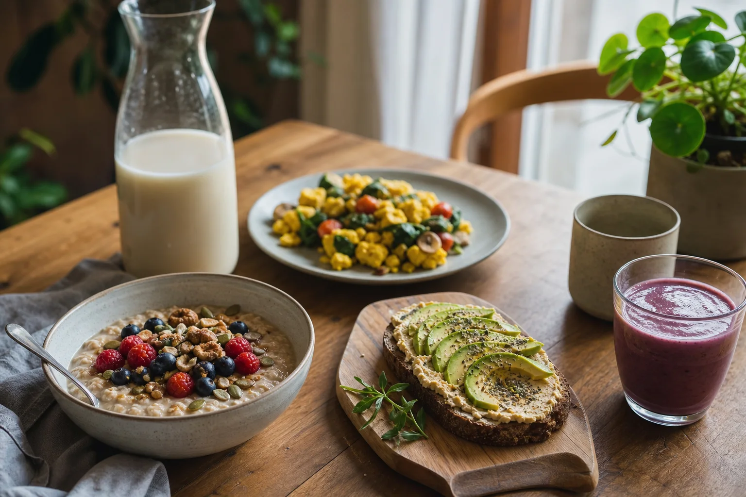 Vegansk frukost med gröt, smoothie, hummusmacka och tofu scramble