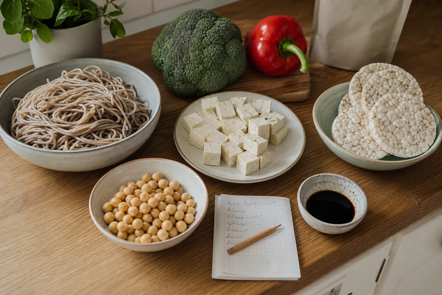 Glutenfria veganska råvaror med bovetenudlar, tofu, kikärter och riskakor