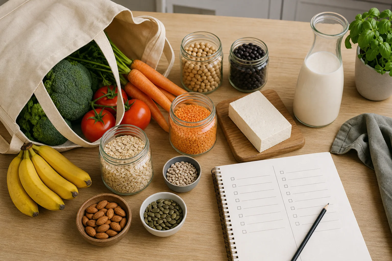 Veganska basvaror sorterade i kategorier på en inköpslista