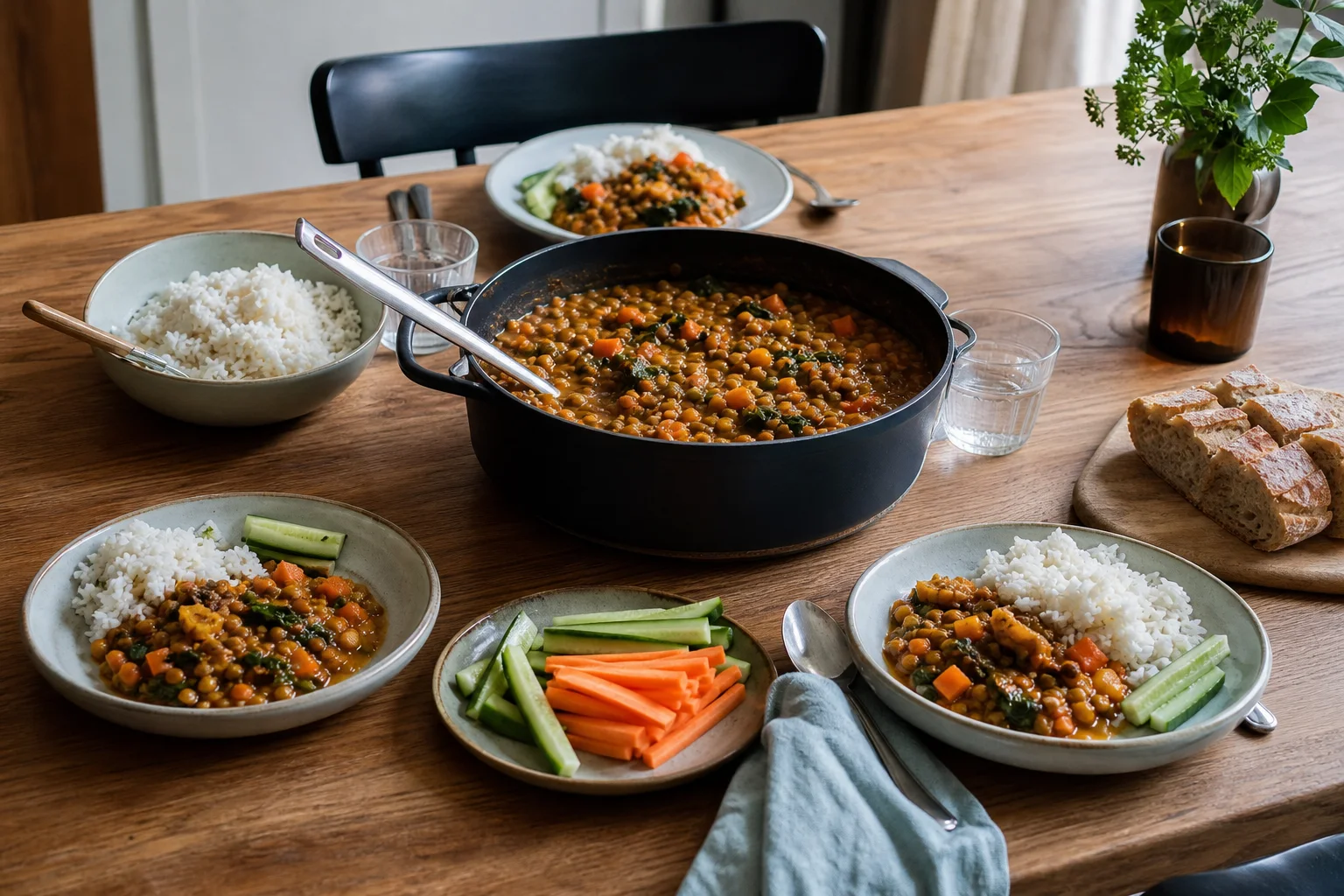 Gemensam vegansk familjemiddag med gryta, grönsaker och tillbehör