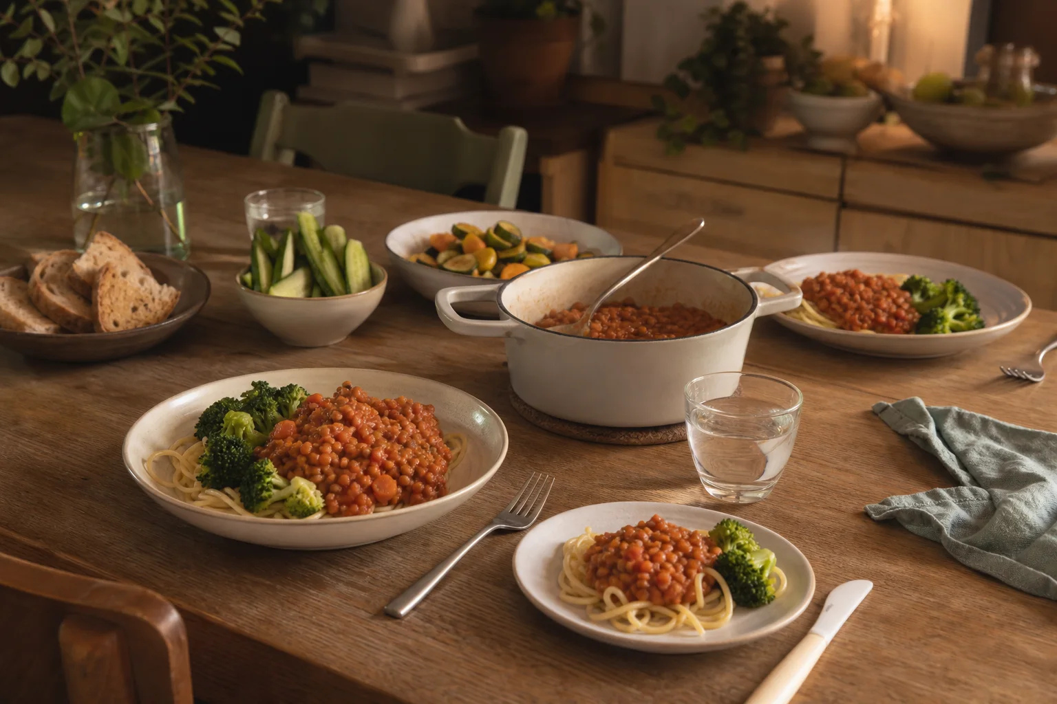 Vegansk familjemiddag med linspasta, grönsaker och mindre portion