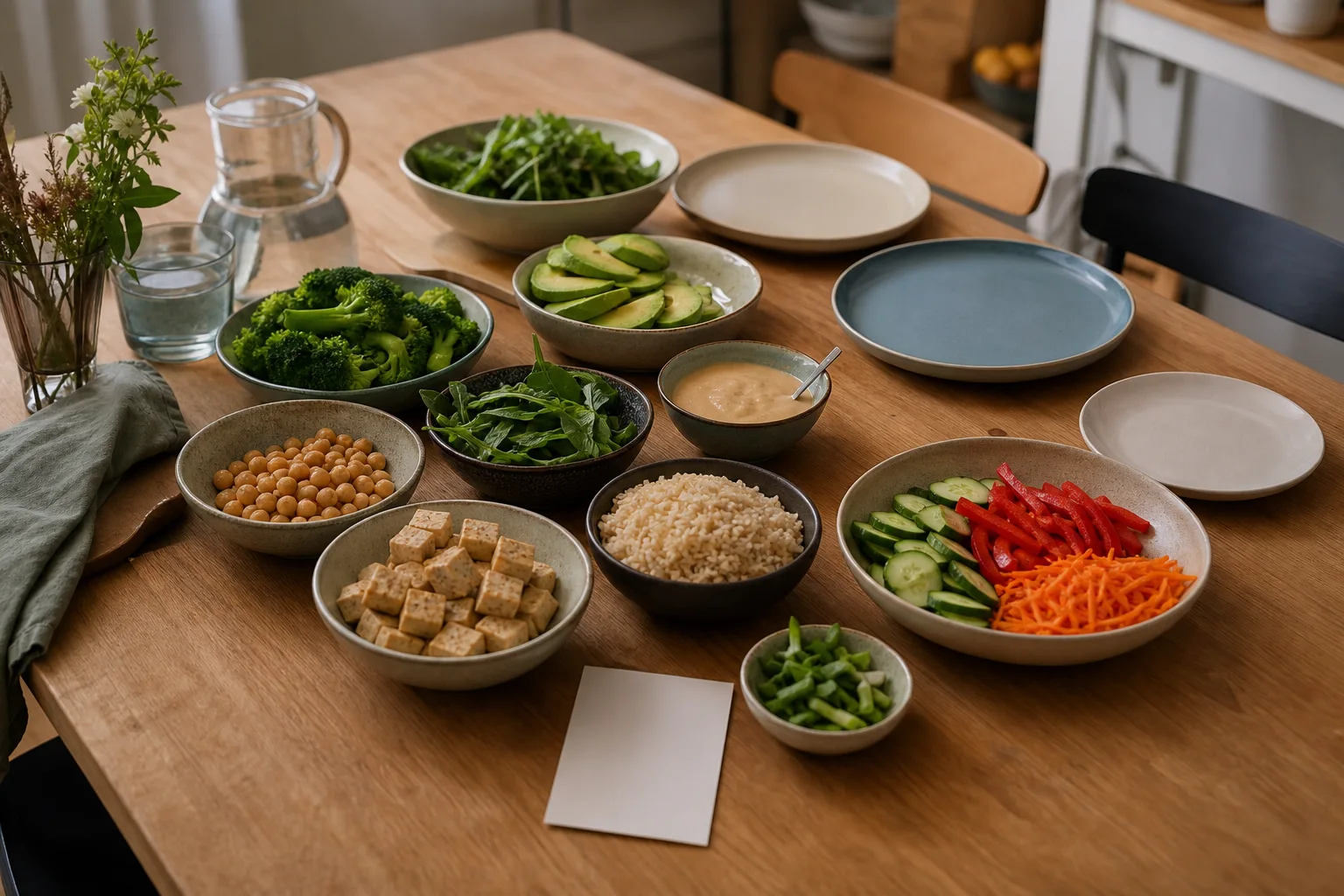 Växtbaserade råvaror och olika portionsstorlekar för en familjemåltid
