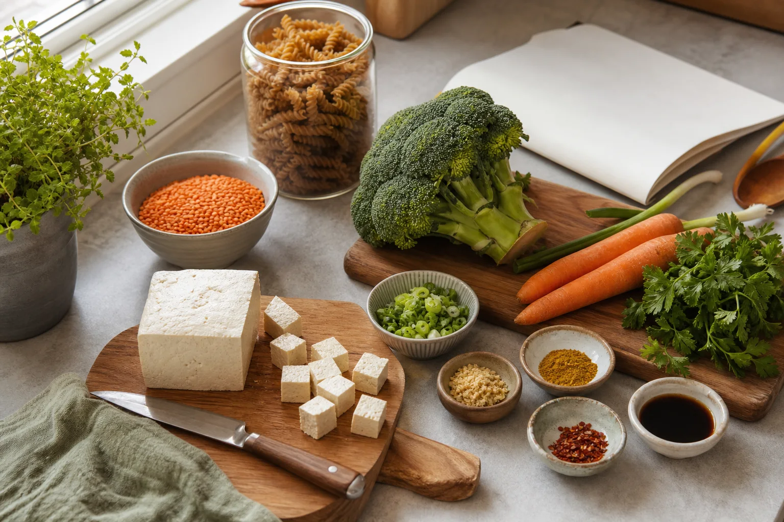 Växtbaserade råvaror och receptbok för vegansk middagslagning hemma