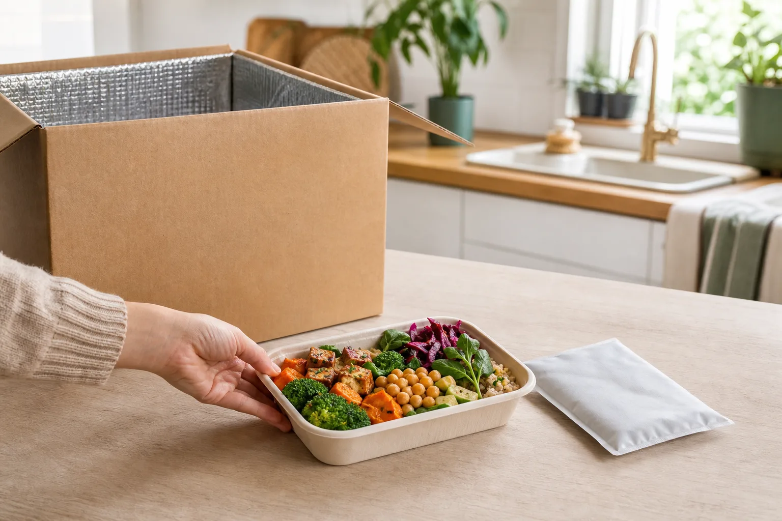 Kyld färdiglagad vegansk matlåda i en anonym hemleveranslåda på ett köksbord
