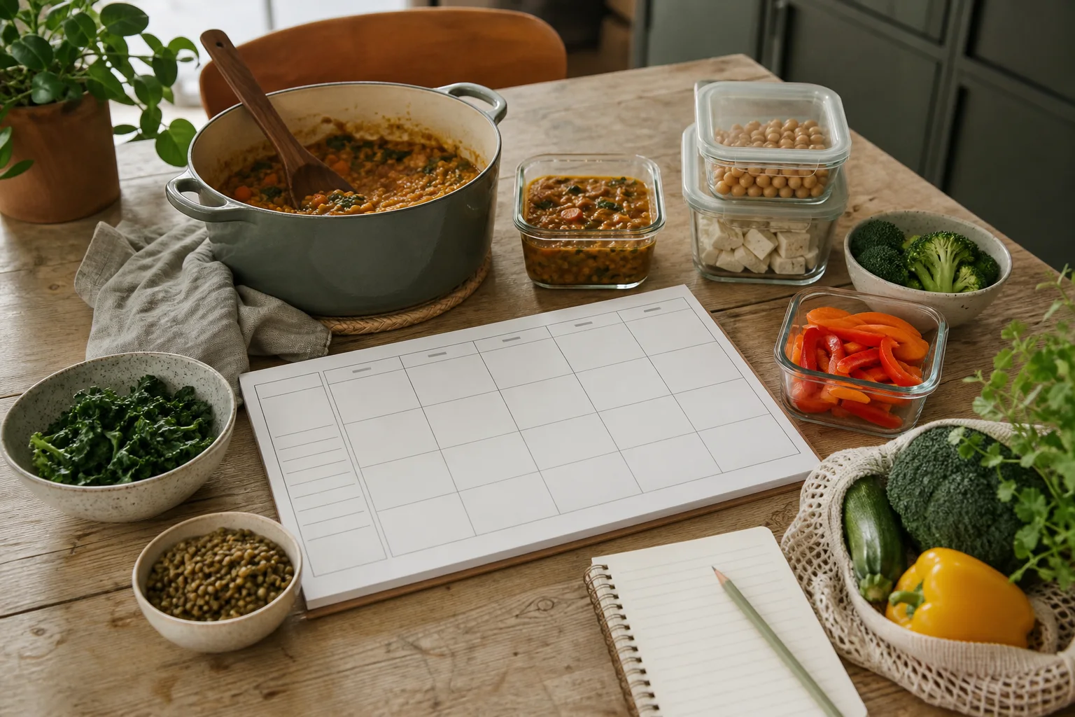 Vegansk veckoplan med matlådor, råvaror och blank matsedelsmall