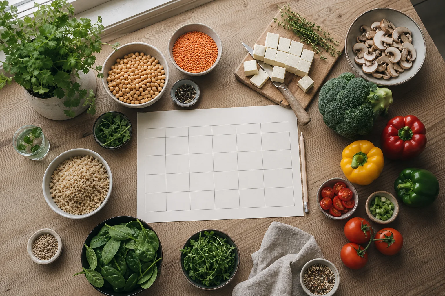 Veckoplan med ingredienser till sju olika veganska middagar