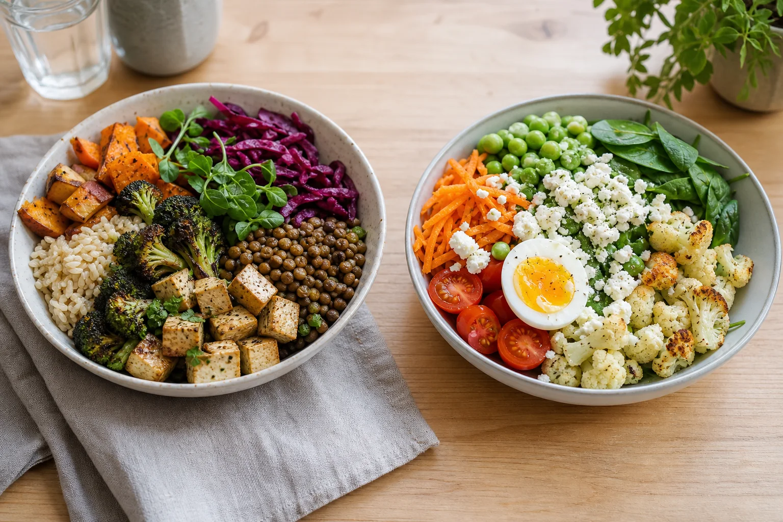 Vegansk bowl med tofu och linser bredvid lakto-ovo-vegetarisk bowl med ägg och ost