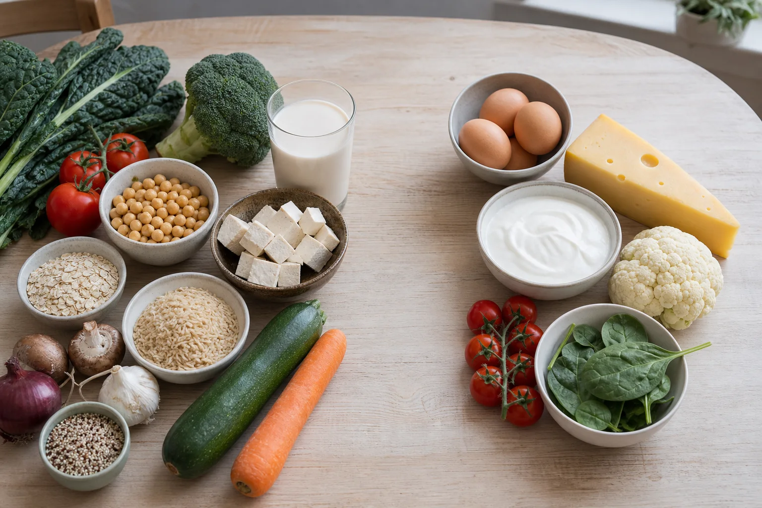 Veganska råvaror jämte lakto-ovo-vegetariska ingredienser på ett köksbord