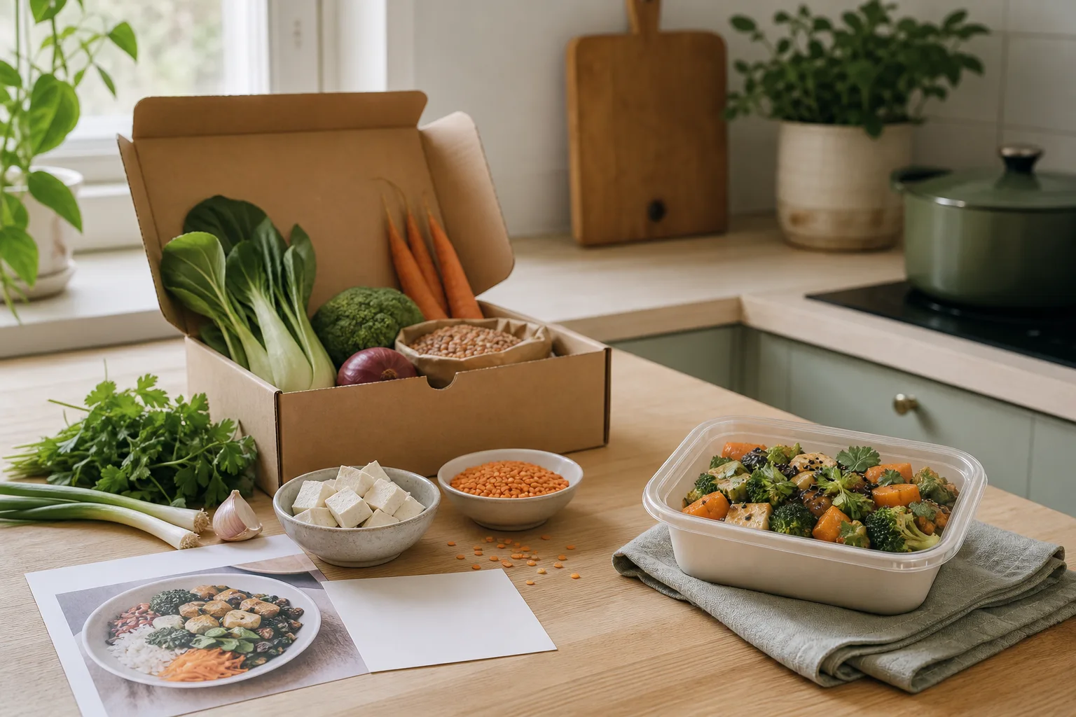 Öppen receptkasse med grönsaker, tofu och linser bredvid en färdig växtbaserad matlåda