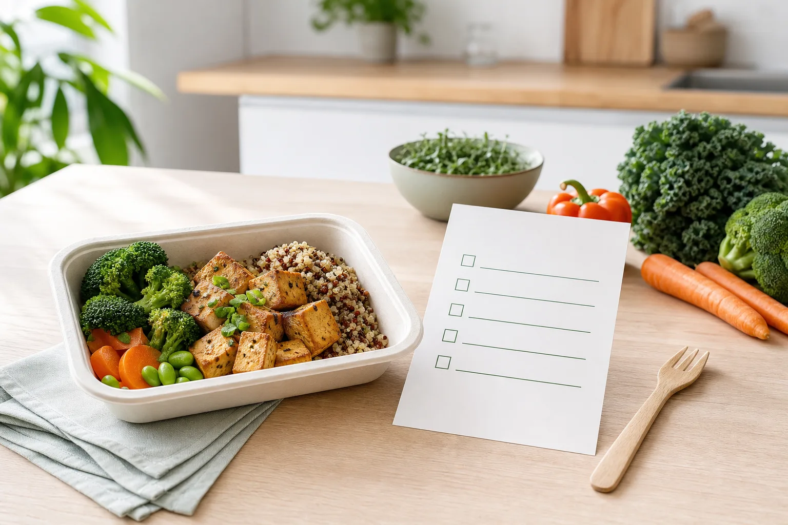 Färdig vegansk matlåda med synlig ingredienslista på köksbord