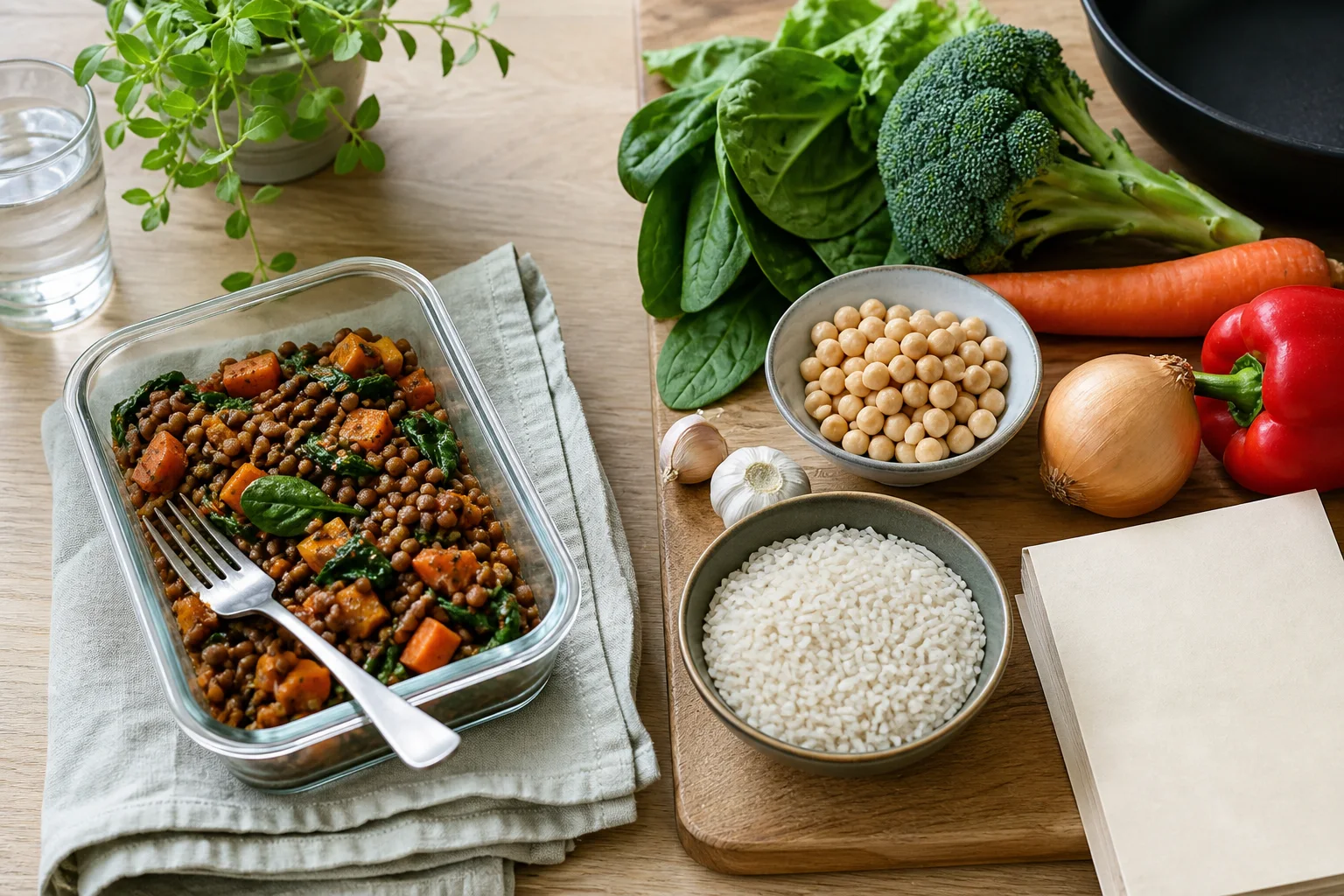 Färdig vegansk matlåda jämte råvaror och receptkort till en matkasse