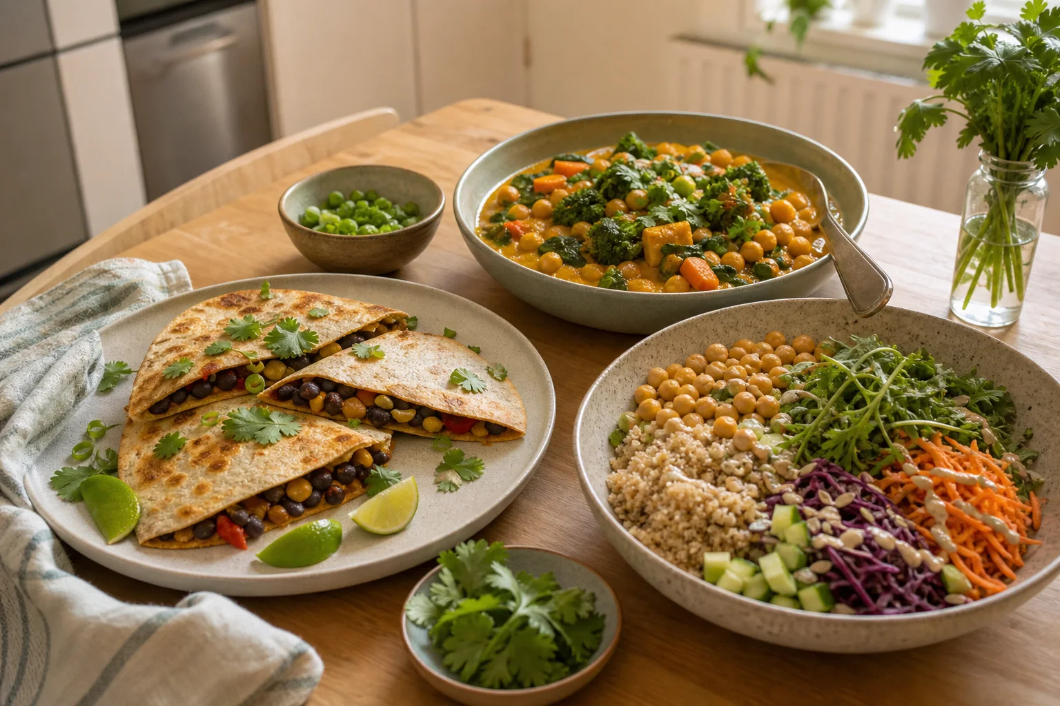 Veganska vardagsmiddagar med bönquesadillas, kikärtscurry och grain bowl