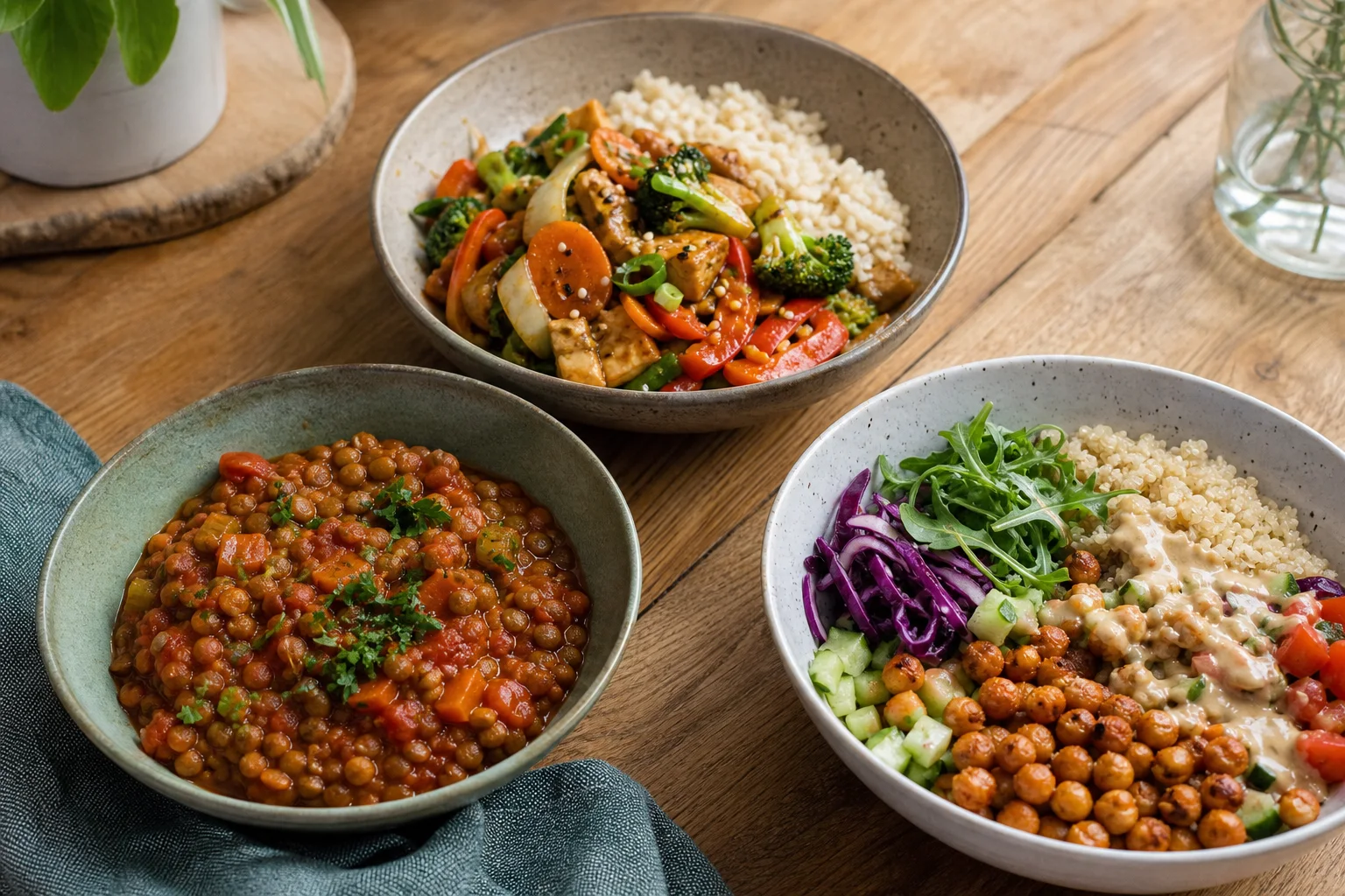 Tre enkla veganska vardagsmiddagar: gryta, wok och bowl