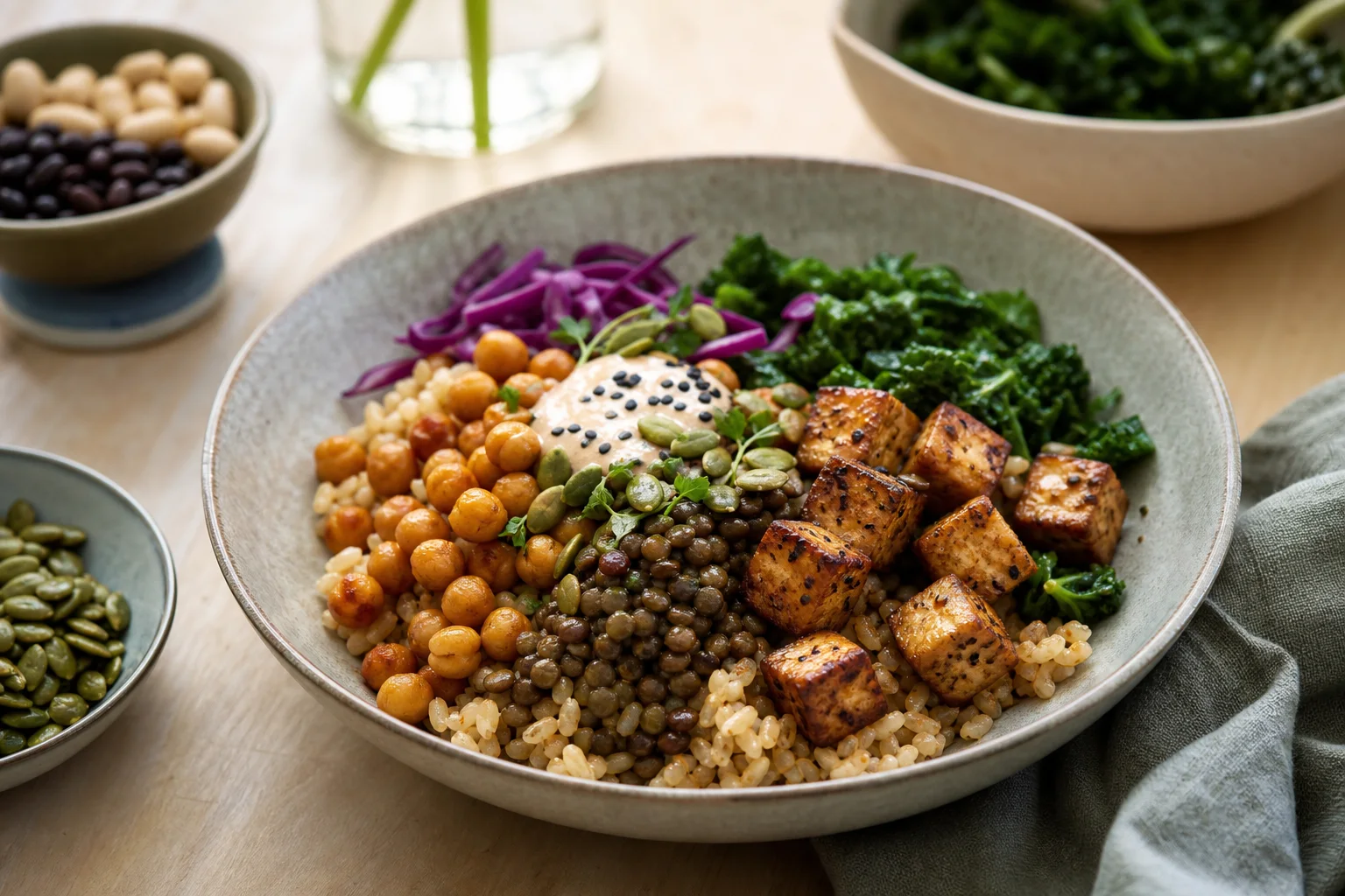 Vegansk bowl med tofu, kikärtor, linser, fullkorn och frön