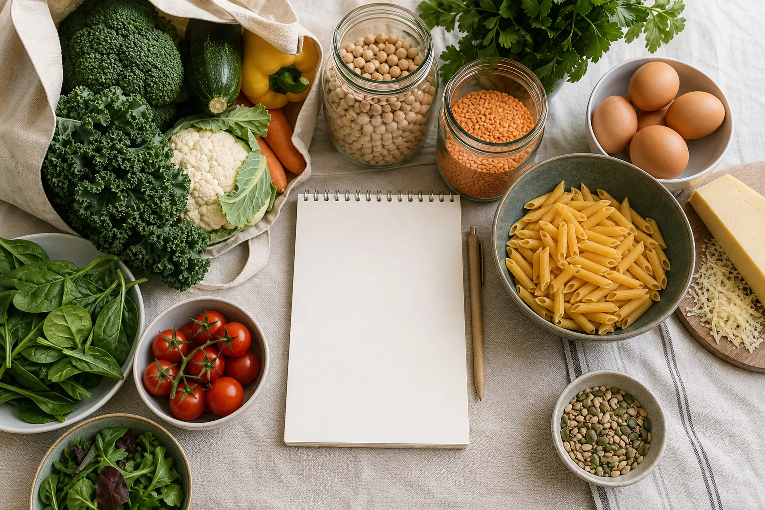 Vegetarisk inköpsförberedelse med baljväxter, ägg, ost, pasta och färska grönsaker runt en tom inköpslista