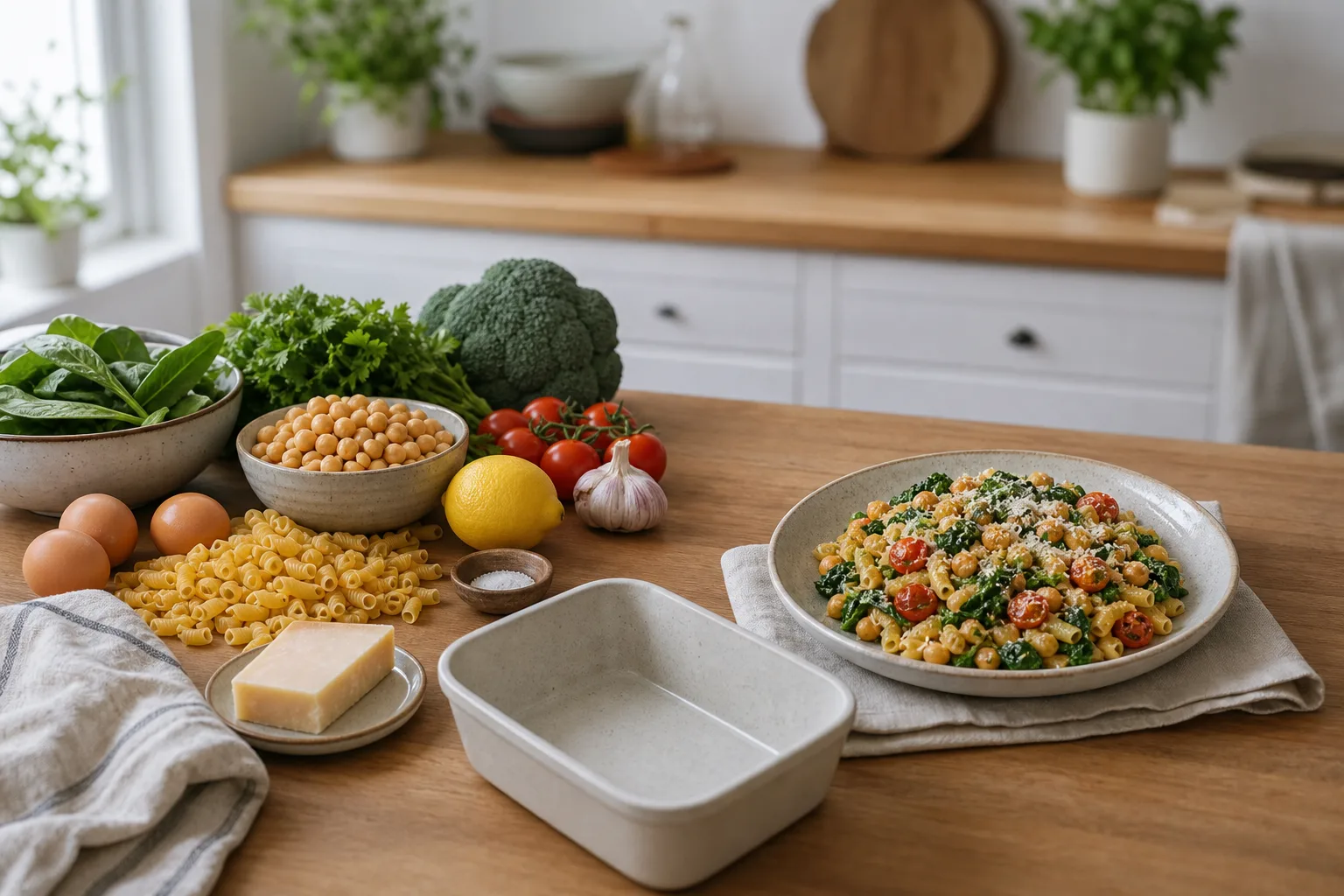 Vegetariska råvaror bredvid en färdig pastarätt med kikärter och grönsaker i hemmakök
