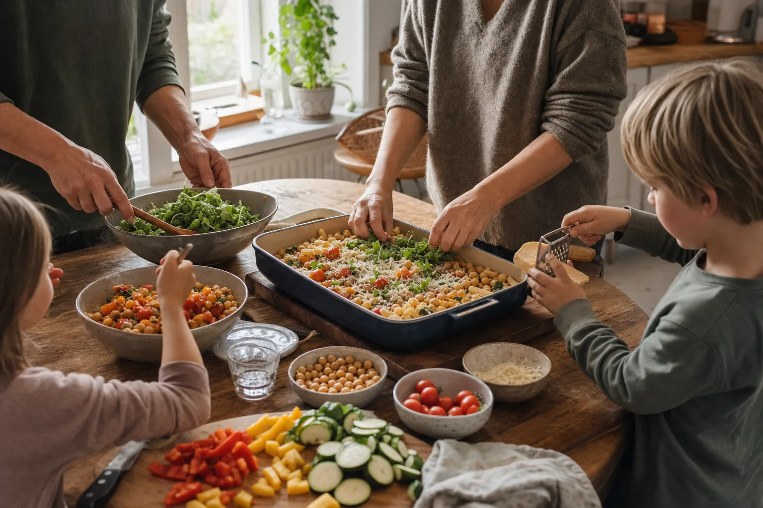 Familj som lagar vegetarisk middag med kikärter, grönsaker och pasta i köket
