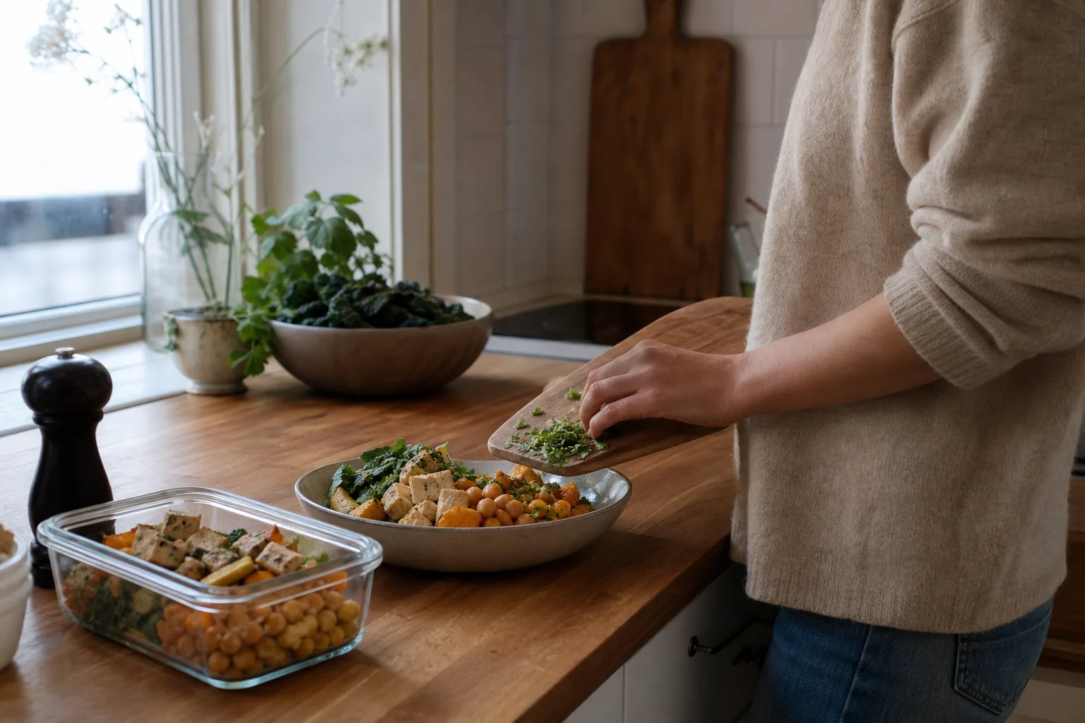 Person som lagar en vegetarisk portion med tofu och kikärter samt förbereder rester i matlåda
