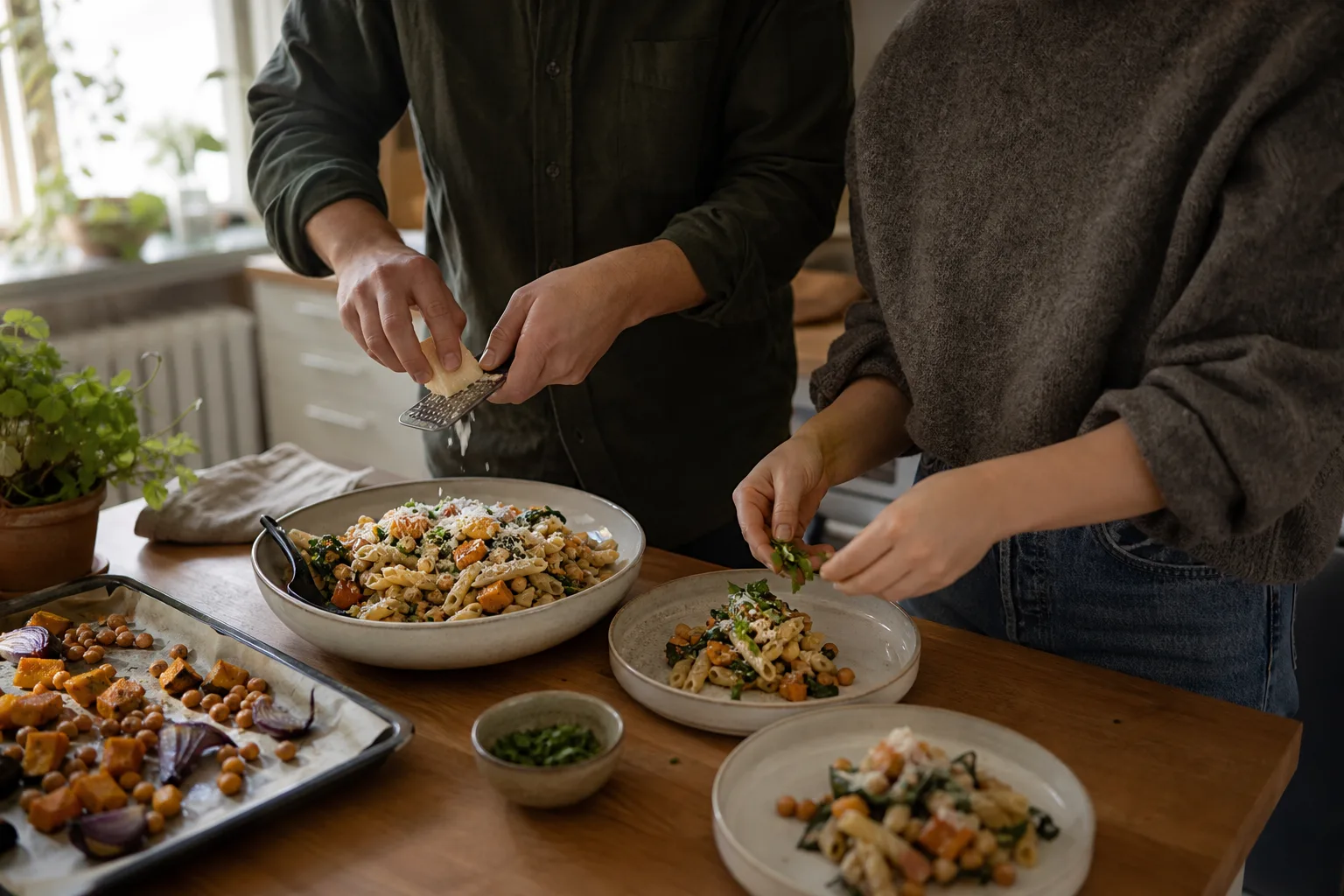 Två personer som lagar vegetarisk pastarätt med kikärter och grönsaker i köket