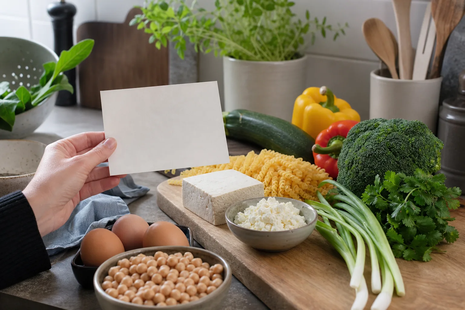 Hand som håller ett tomt receptkort bredvid tofu, kikärter, ägg, pasta och färska grönsaker i köket
