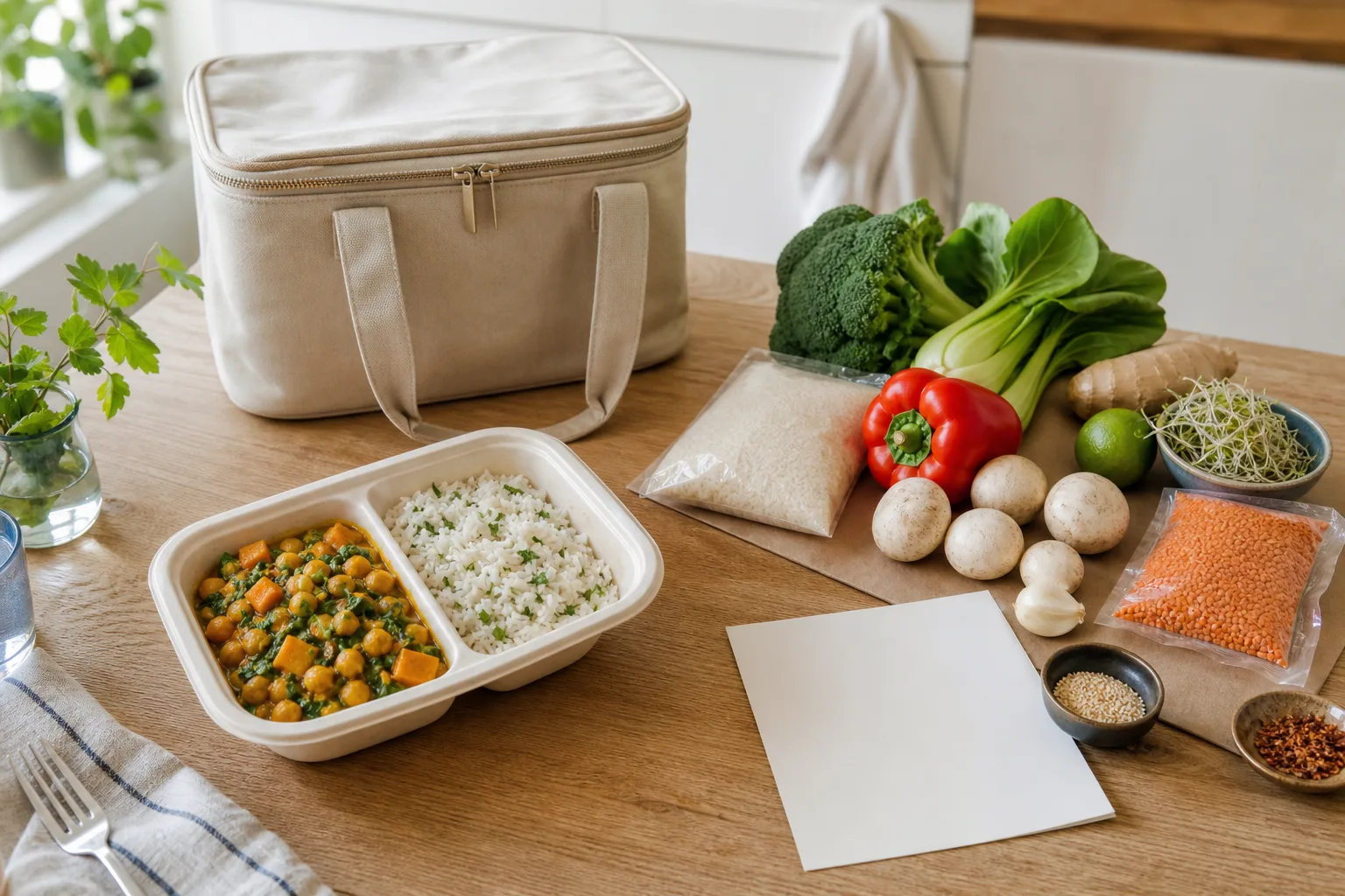 Färdiglagad vegetarisk matlåda och receptkasse med råvaror på ett köksbord