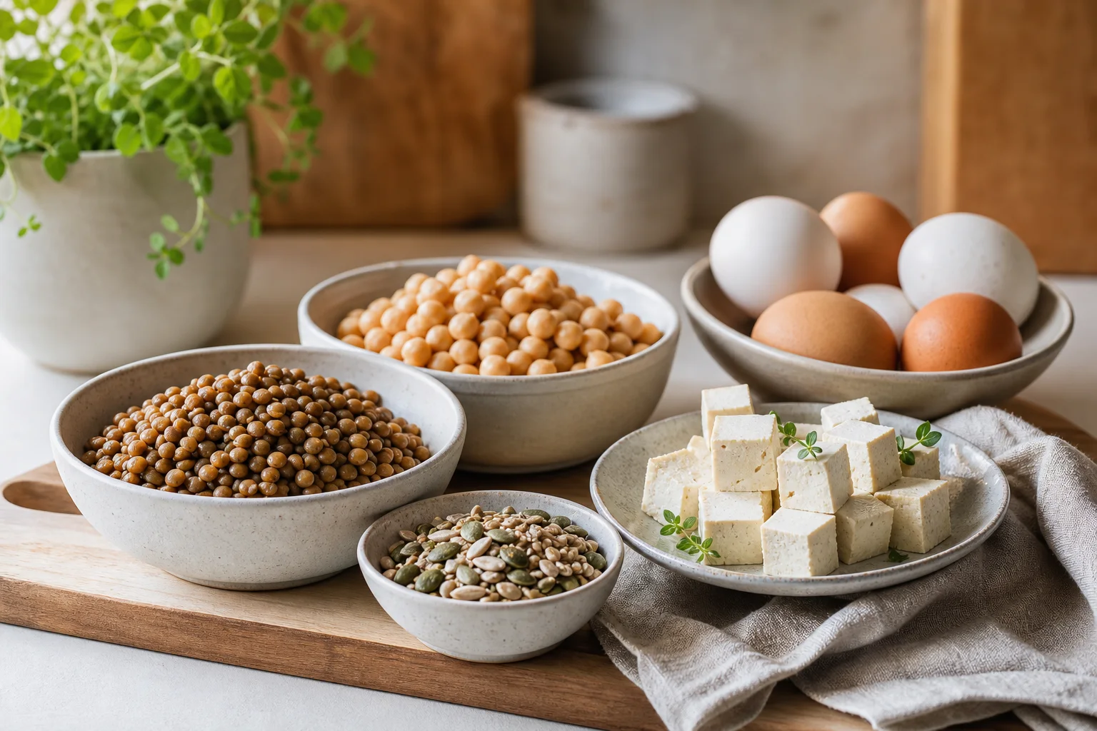 Skålar med linser, kikärtor, tofu, ägg och frön som vegetariska proteinkällor