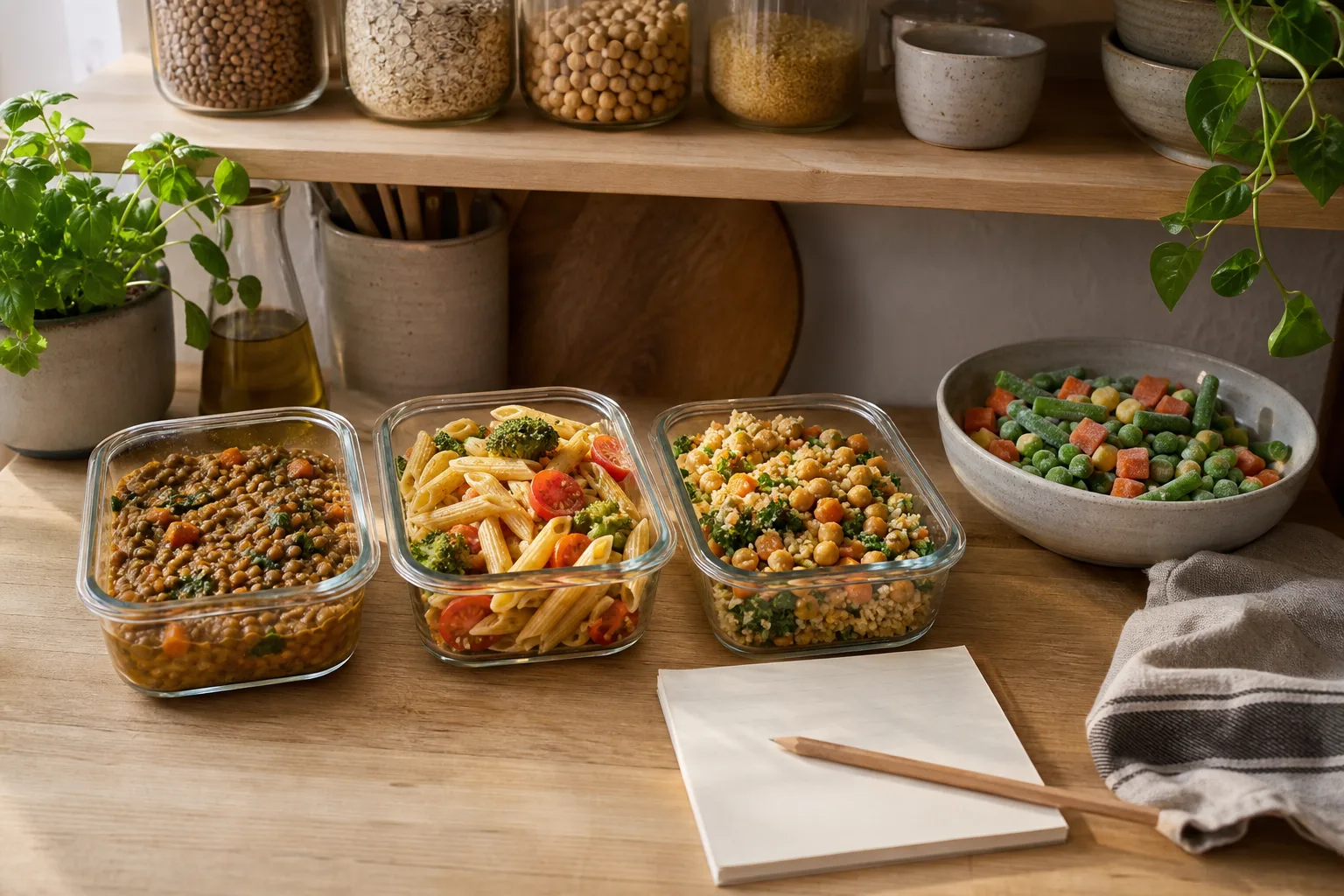 Tre färdiga vegetariska matlådor med linsgryta, pasta och kikärtsrätt bredvid basvaror i köket