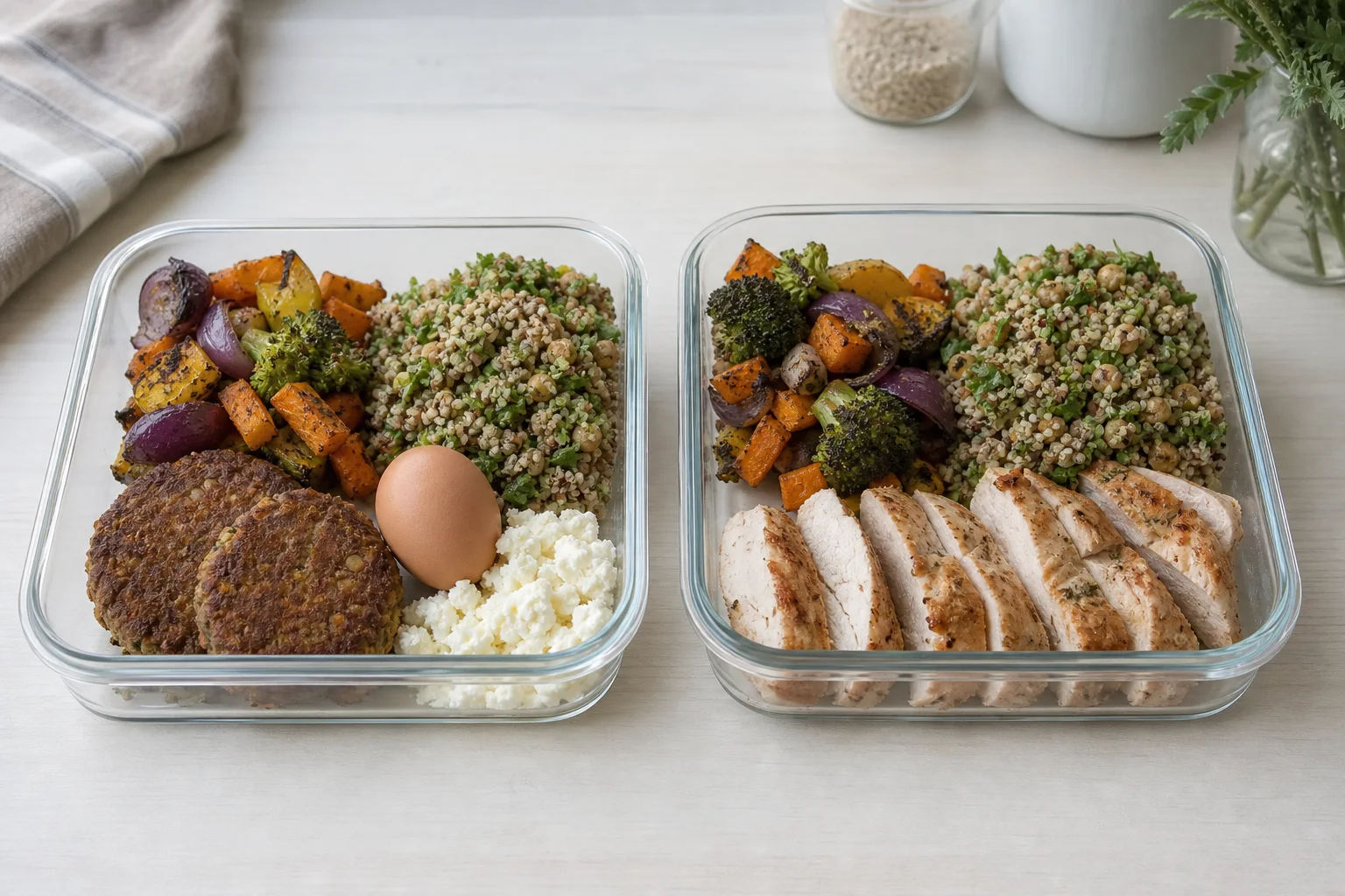 Två matlådor som jämför vegetarisk måltid med en måltid som innehåller kyckling