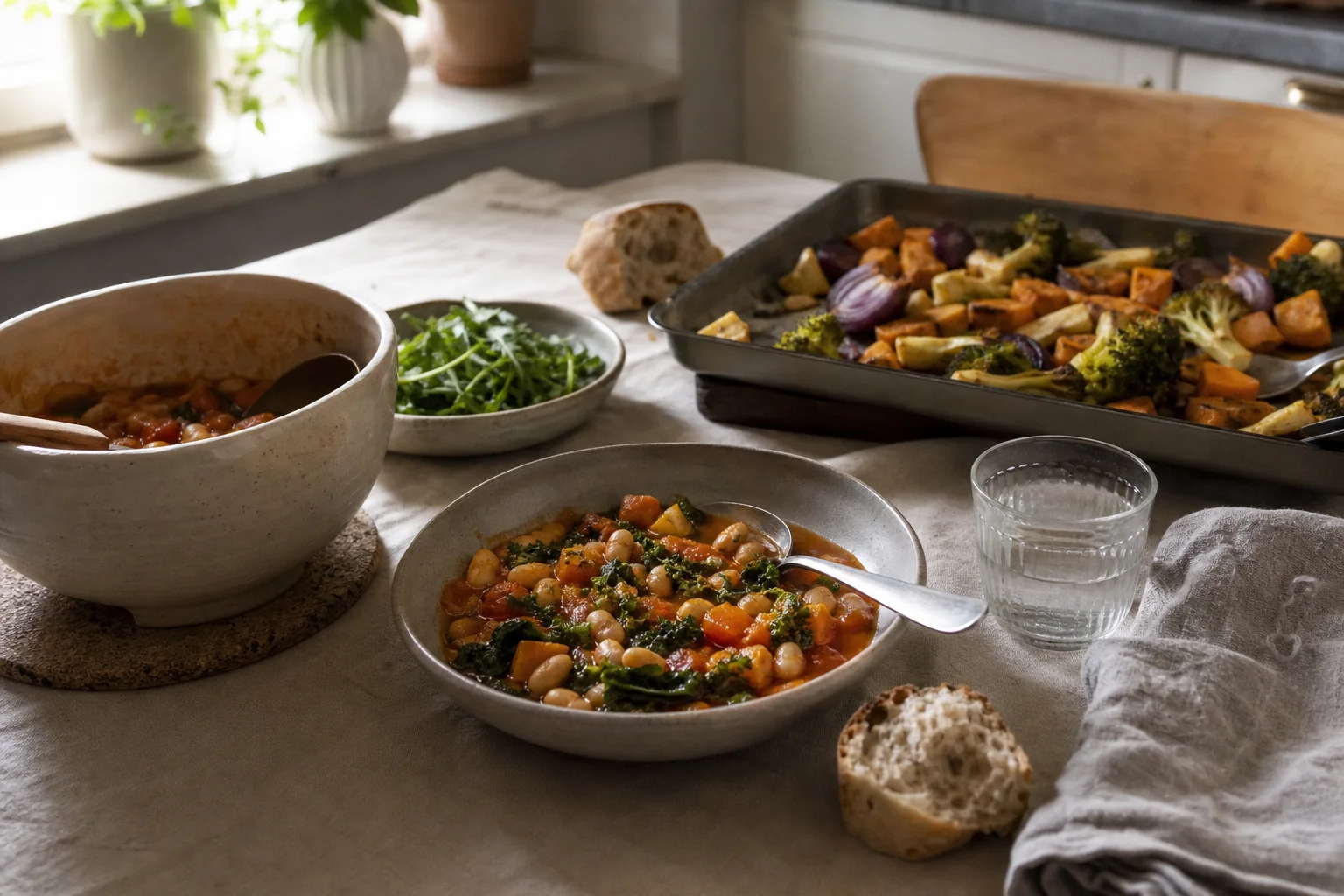 Vegetarisk vardagsmiddag med bönor, rostade grönsaker och bröd på köksbord
